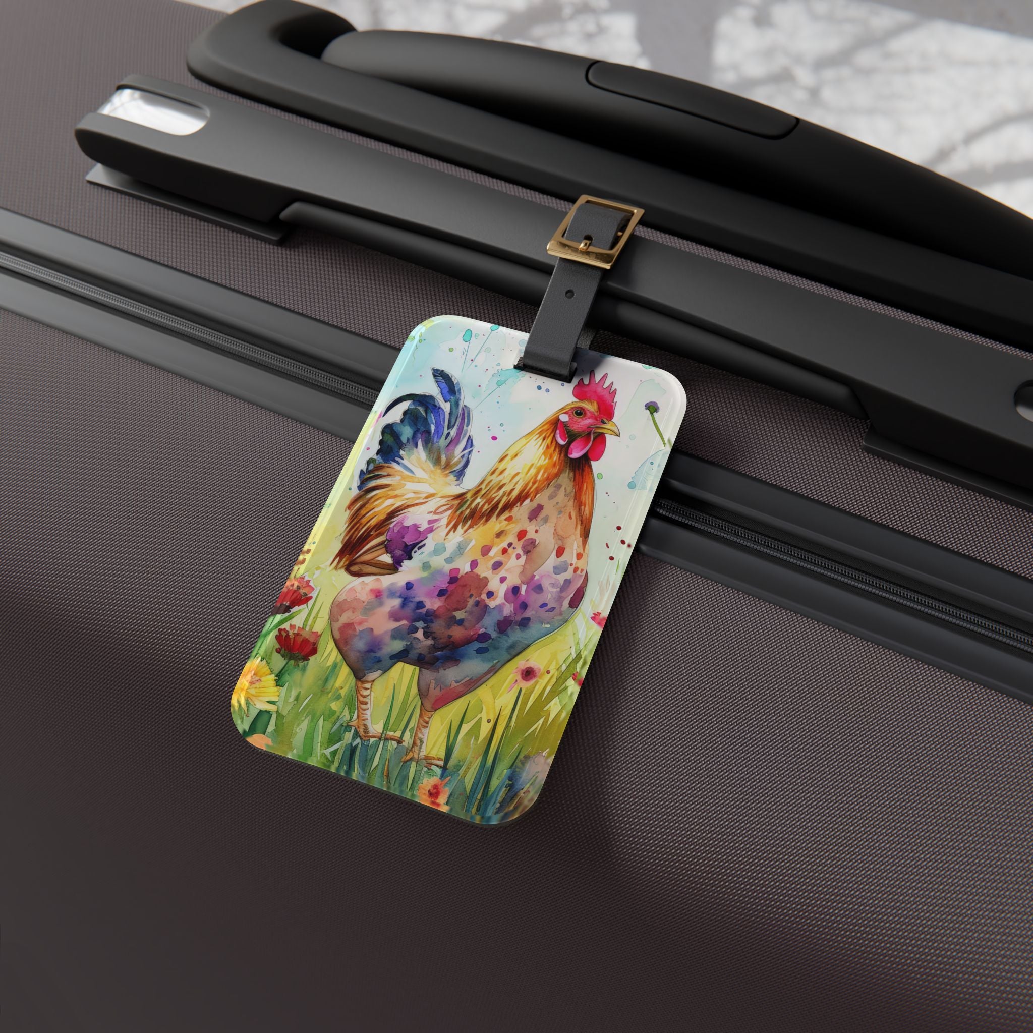 Watercolor Chicken Luggage Tag | Farmhouse Rooster Travel Accessory | Chicken Lover Suitcase Tag | Rustic Poultry Bag Identifier | Gumpert Homestead