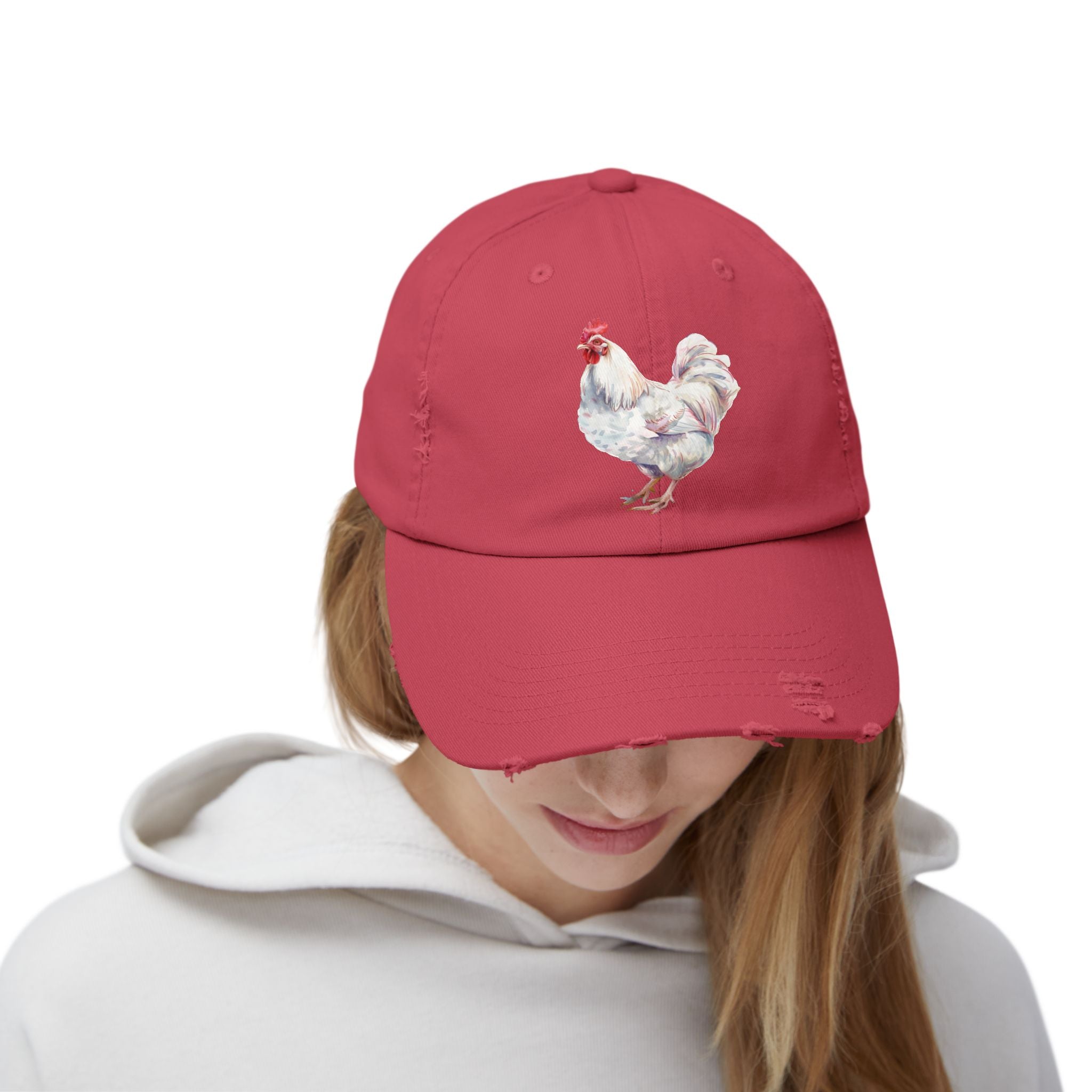 White Rooster Distressed Baseball Cap – Vintage Chicken Hat, Leghorn-Style Rooster, Farmhouse Poultry Cap, Backyard Chicken Keeper Gift