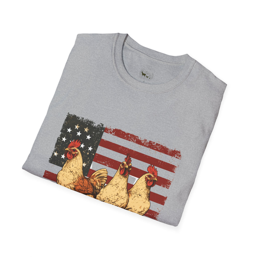 American Flag Chickens T-Shirt – American Flag Hen Shirt, Farm Life Tee, 4th of July Chicken Shirt, Backyard Chicken Keeper Gift, Homestead Farm Apparel