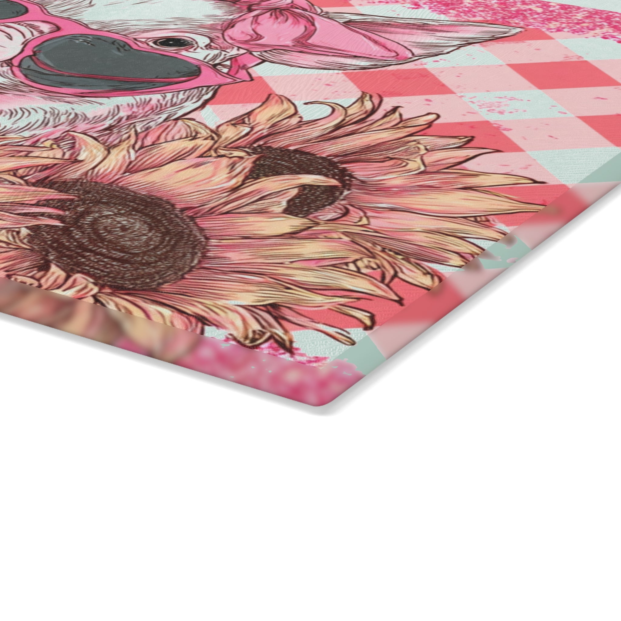 Pink Floral Pig Glass Cutting Board – Cute Farm Pig Kitchen Decor, Sunflower Pig Cutting Board, Farmhouse Country Kitchen Gift