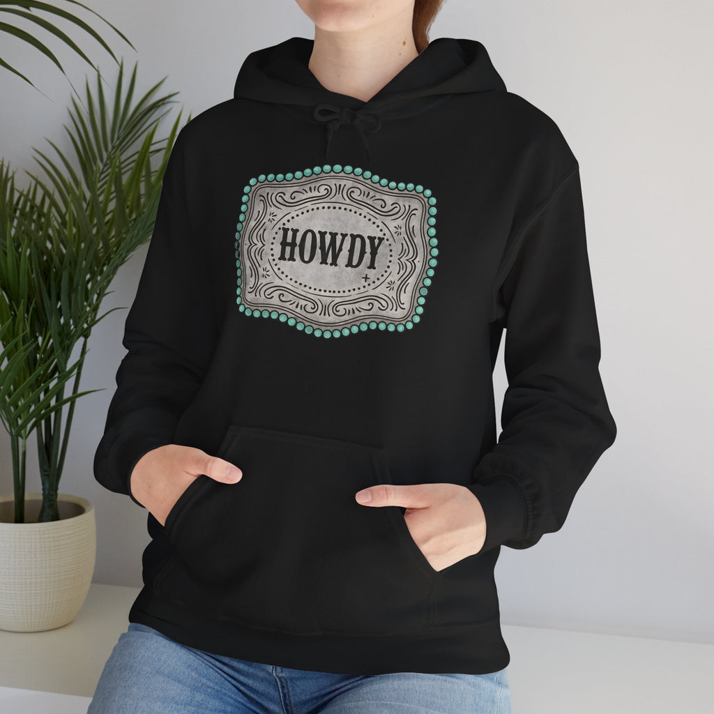 Howdy Turquoise Beaded Rodeo Belt Buckle Hoodie – Unisex Farmhouse Western Sweatshirt | Country Homestead Apparel