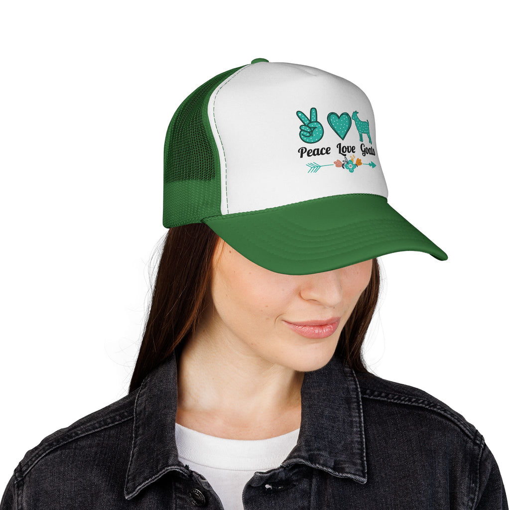 Peace Love Goats Trucker Hat – Goat Mom Hat, Farm Life Snapback, Homestead Goat Lover Cap