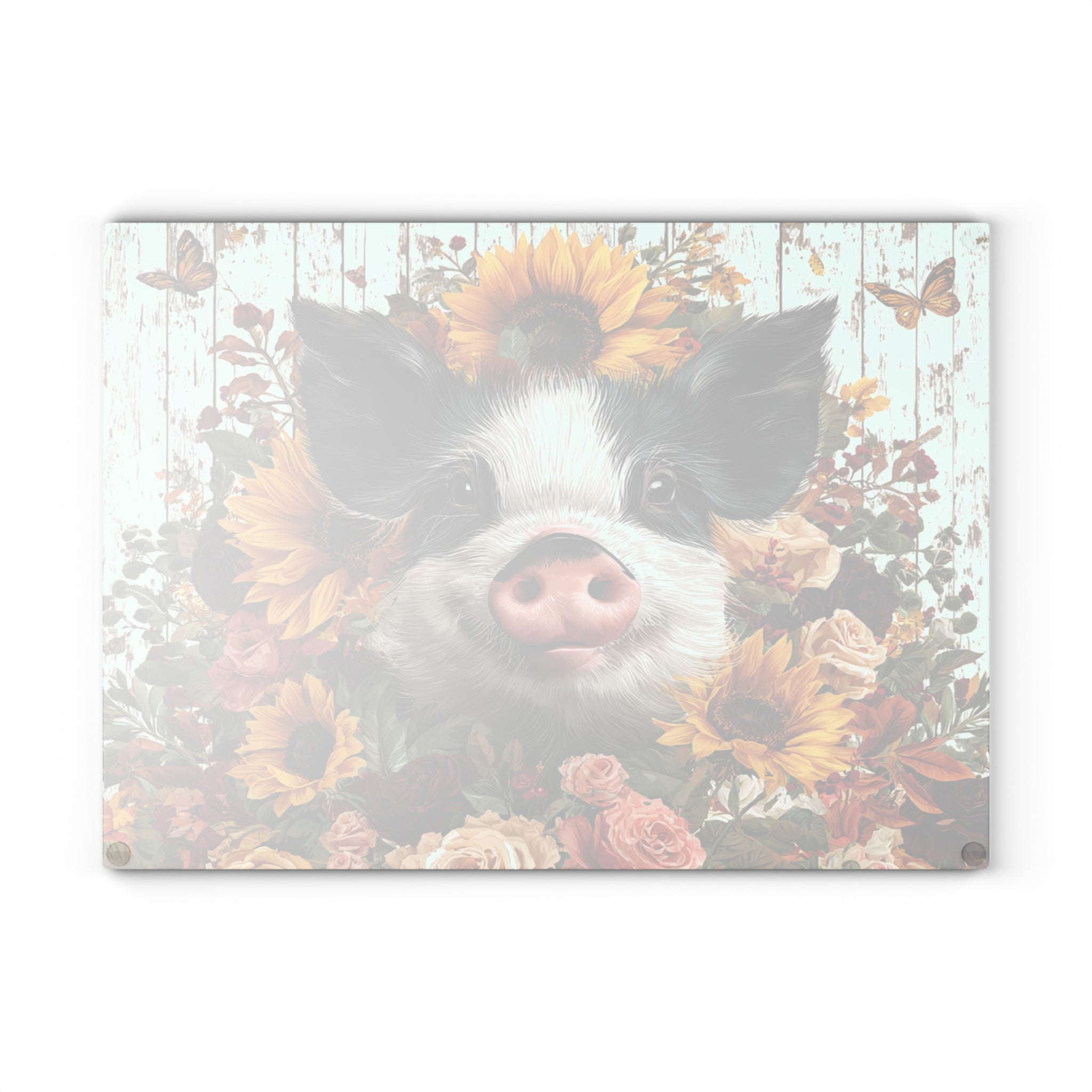 Sunflower Pig Glass Cutting Board – Rustic Farm Pig Kitchen Decor, Floral Farmhouse Cutting Board, Country Homestead Kitchen Gift