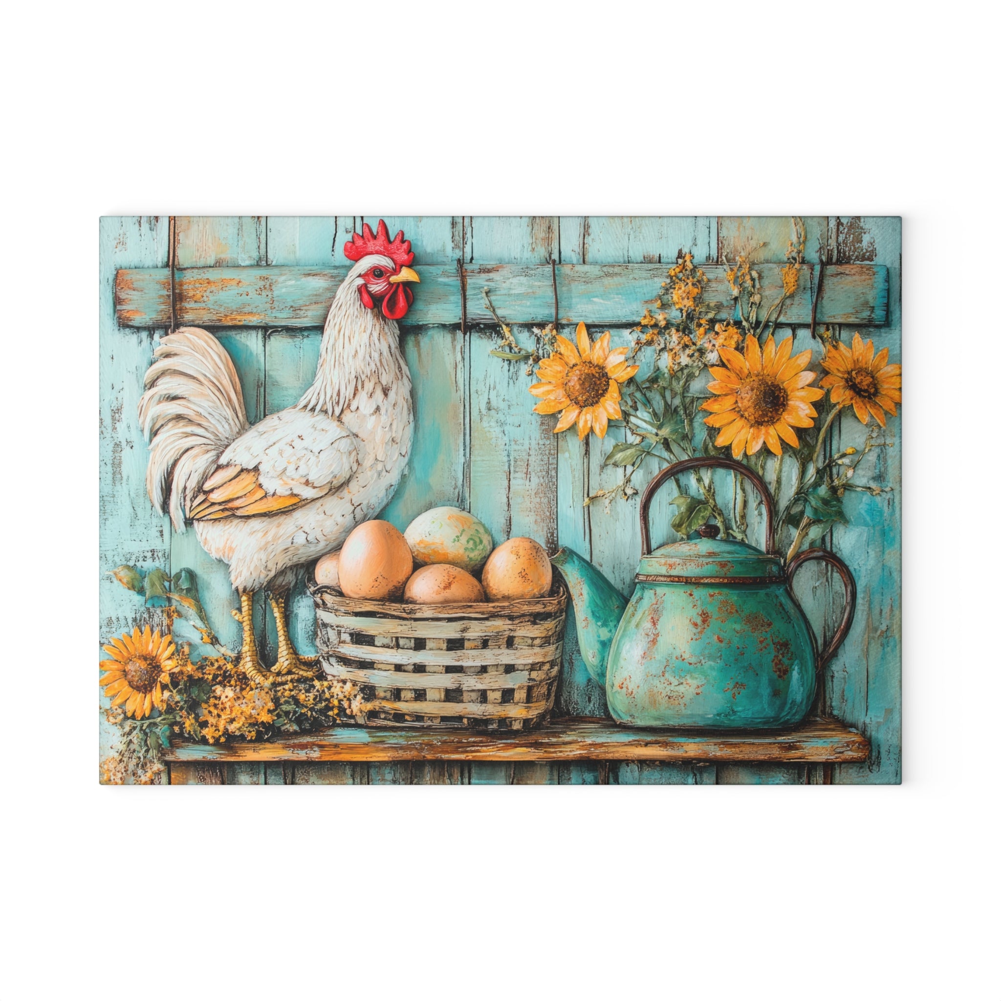 White Rooster Glass Cutting Board | Rustic Farmhouse Chicken Kitchen Decor | Sunflower Tempered Glass Cutting Board | Gumpert Homestead