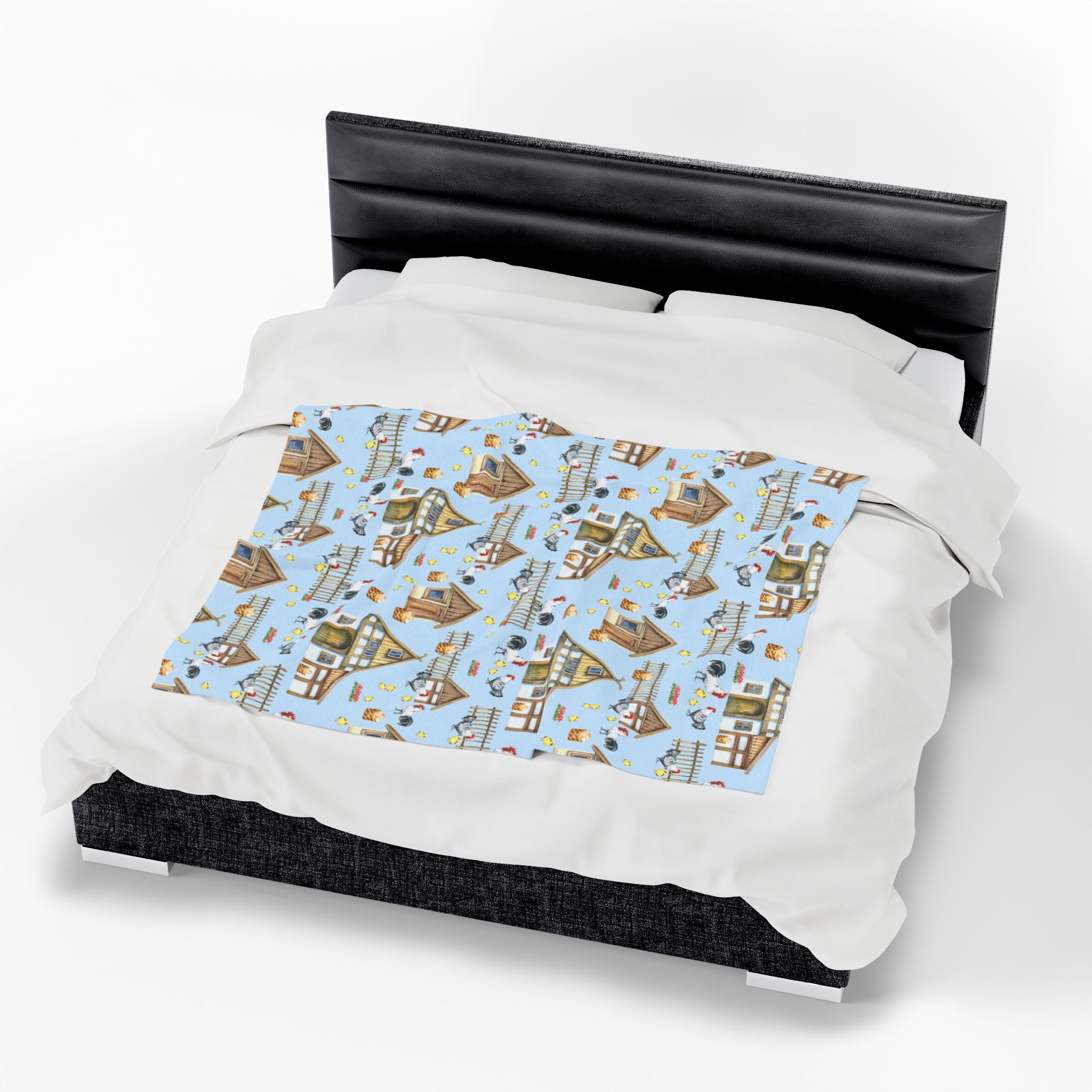 Farm Scene Velveteen Plush Blanket – Cozy Cottagecore Village Throw, Country Homestead Farmhouse Home Decor