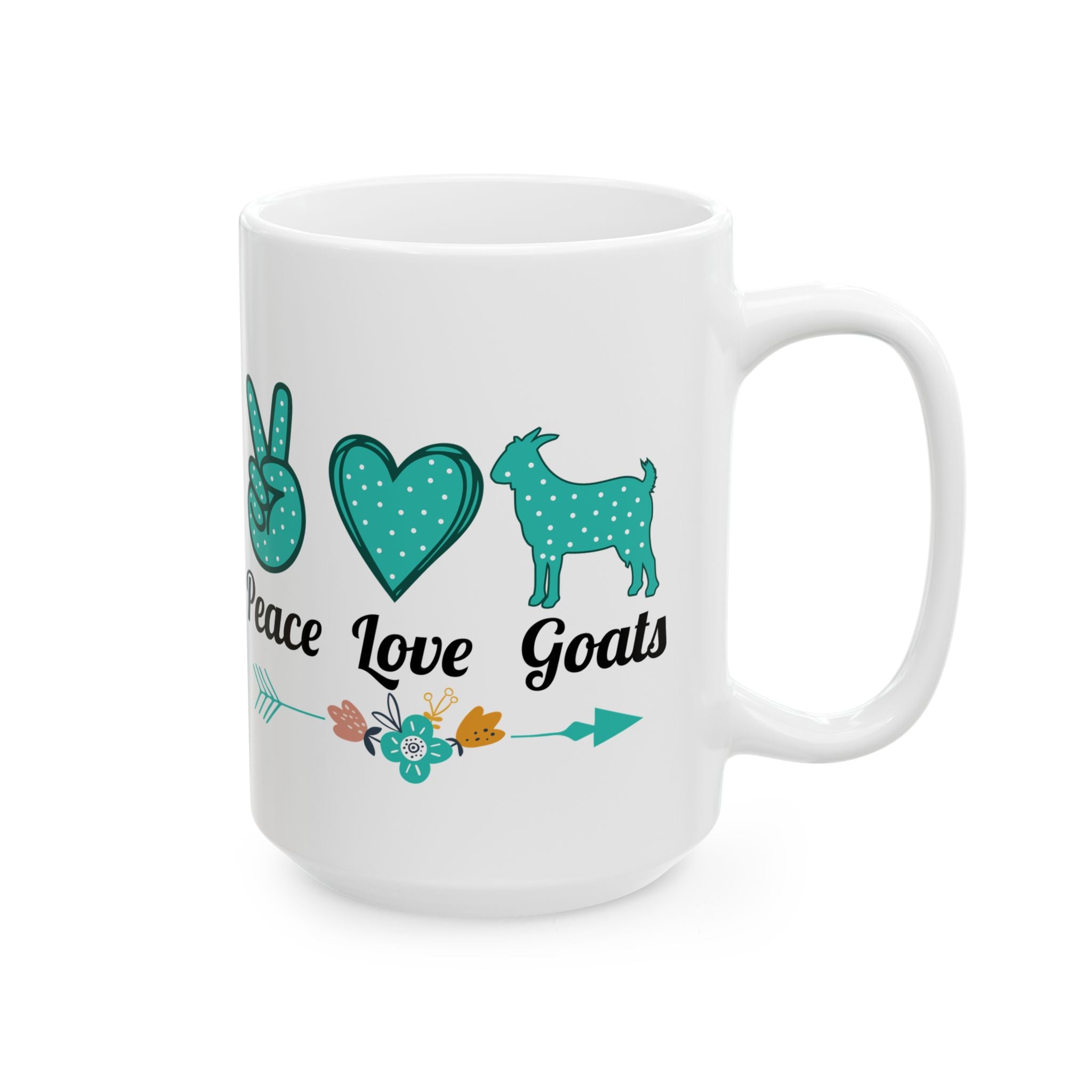 Peace Love Goats Ceramic Mug – Farm Homestead Coffee Cup, Goat Lover Gift, Sustainable Living Mug (11oz, 15oz)