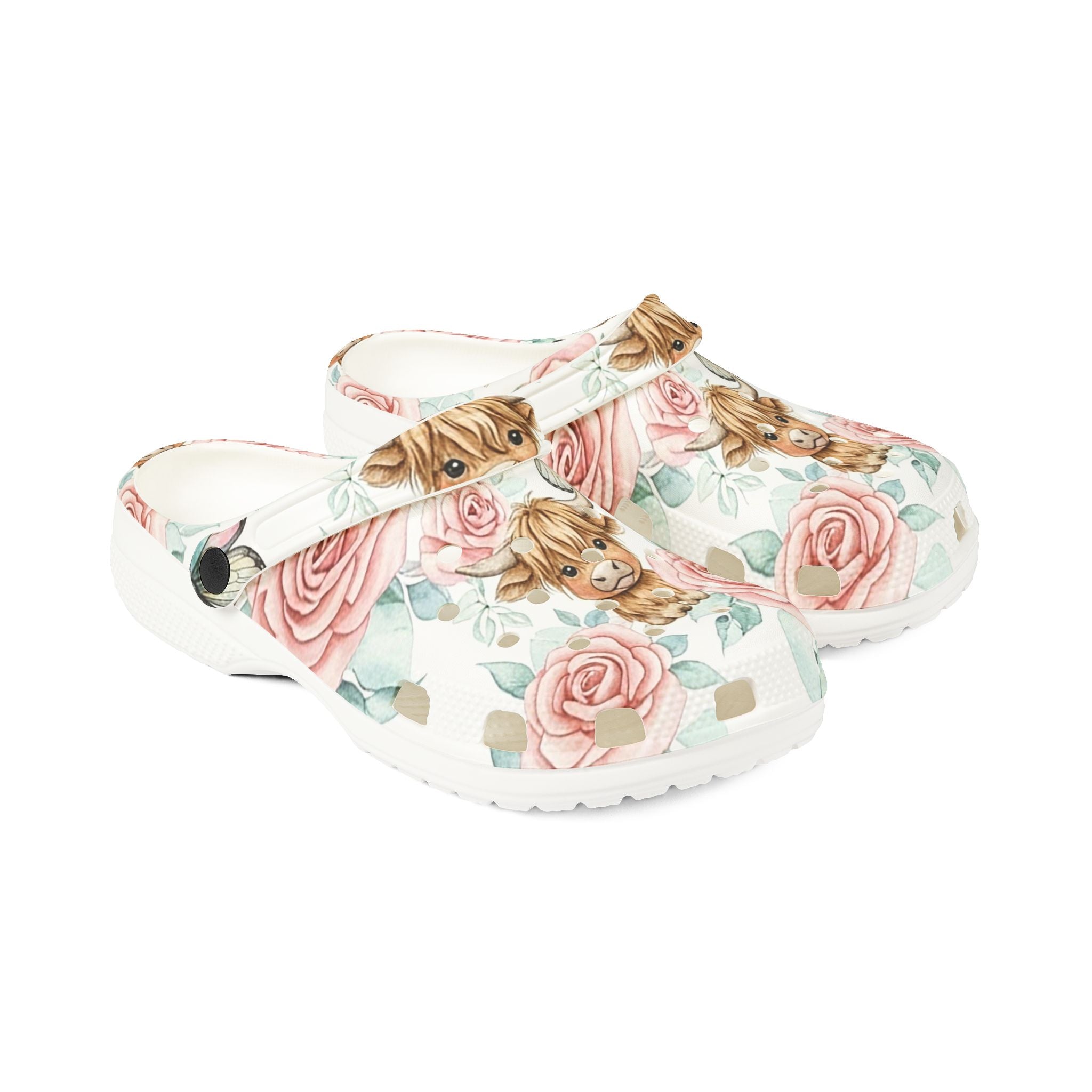 Highland Cow Cottagecore Clogs – Floral Butterfly Farm Shoes, Cozy Farm Life EVA Slip-On Clogs