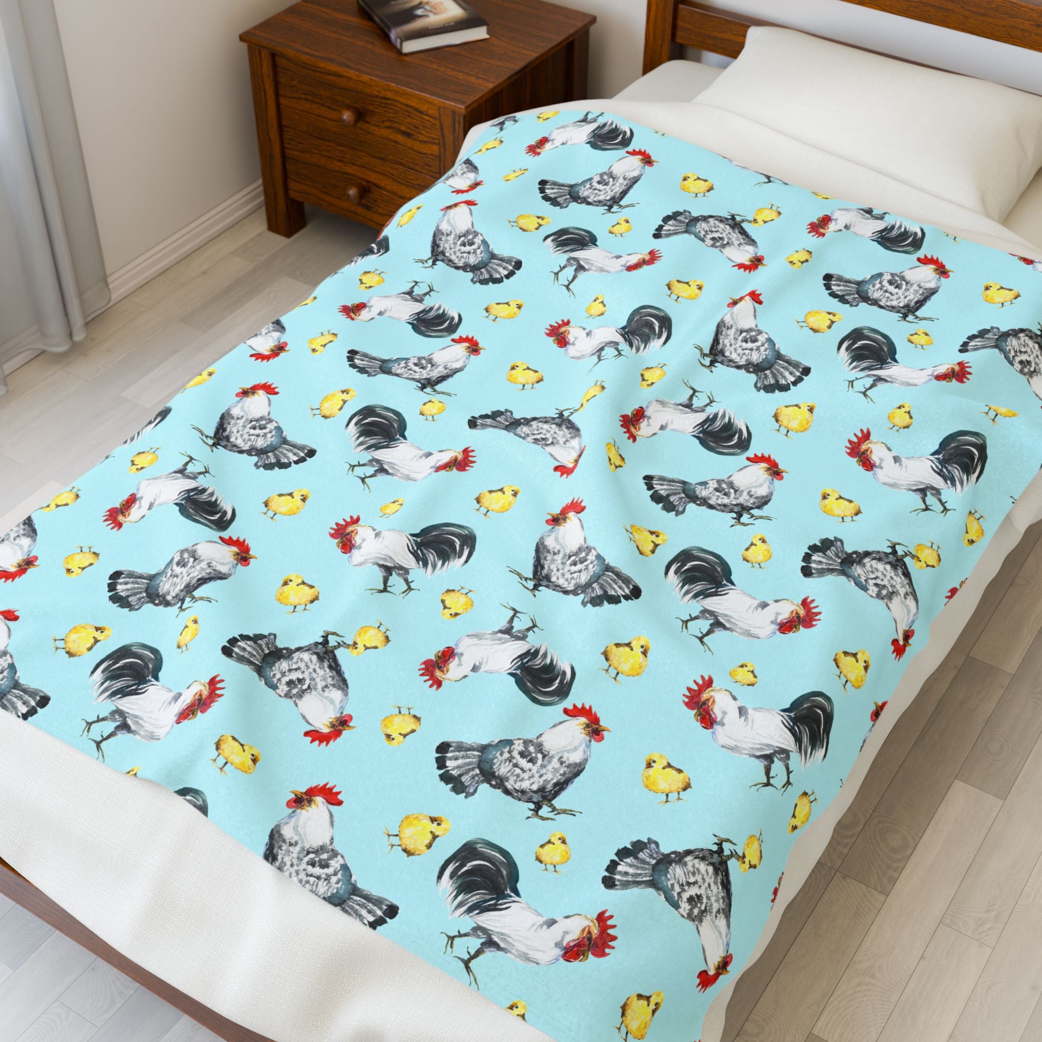 Chicken & Chicks Velveteen Plush Blanket – Farmhouse Rooster Throw, Cozy Country Cottagecore Home Decor