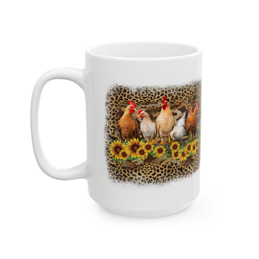 Chicken Flock Sunflower Ceramic Mug – Farmhouse Chicken Mom Coffee Cup, Country Homestead Mug (11oz, 15oz)