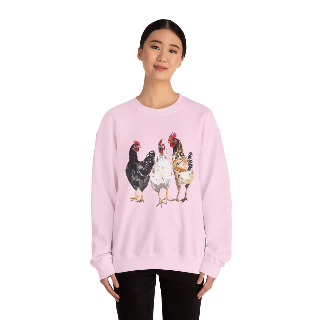 Chicken Flock Sweatshirt – Farmhouse Hen Lineup Crewneck, Cozy Homestead Chicken Mom Pullover, Unisex Gildan 18000