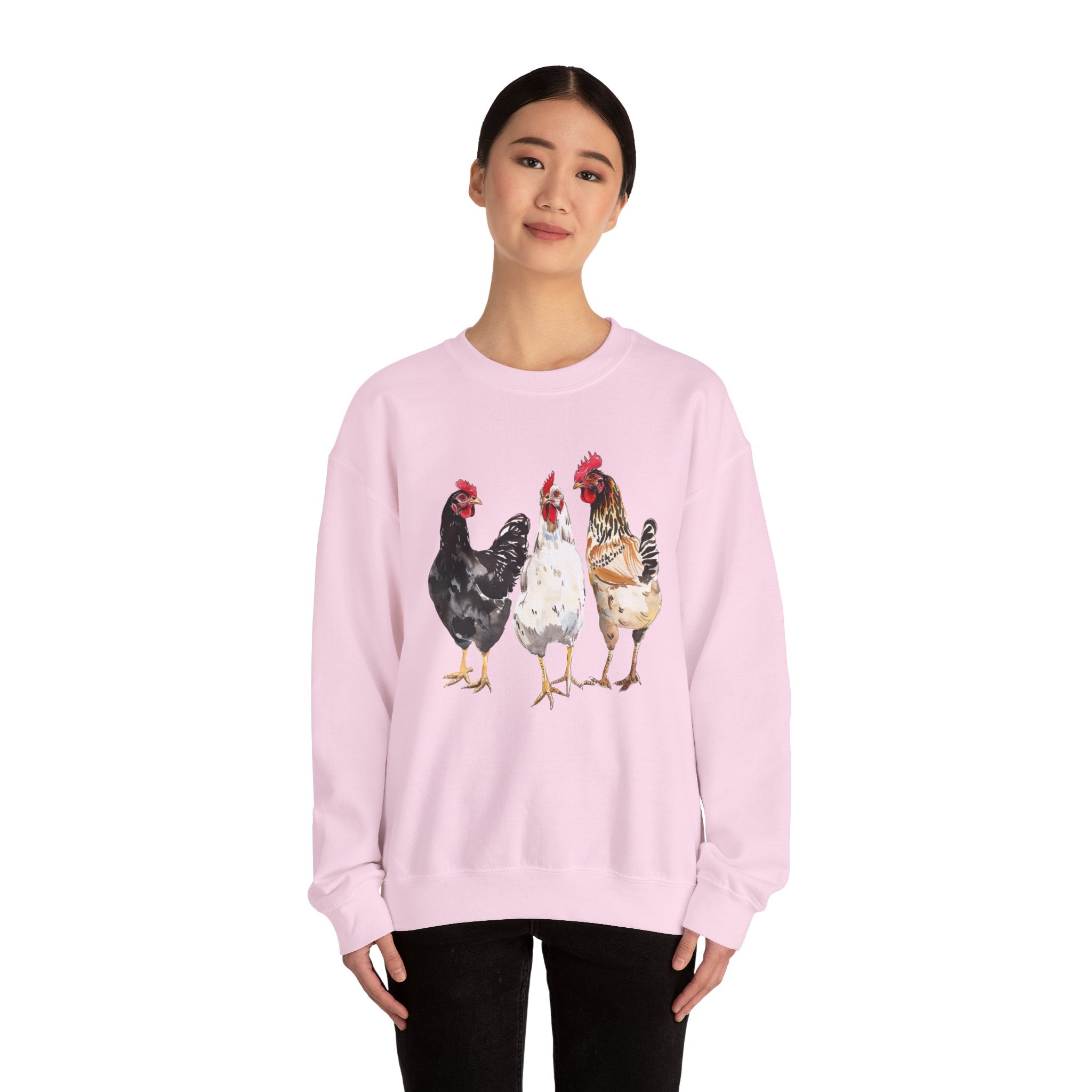 Chicken Flock Sweatshirt – Farmhouse Hen Lineup Crewneck, Cozy Homestead Chicken Mom Pullover, Unisex Gildan 18000