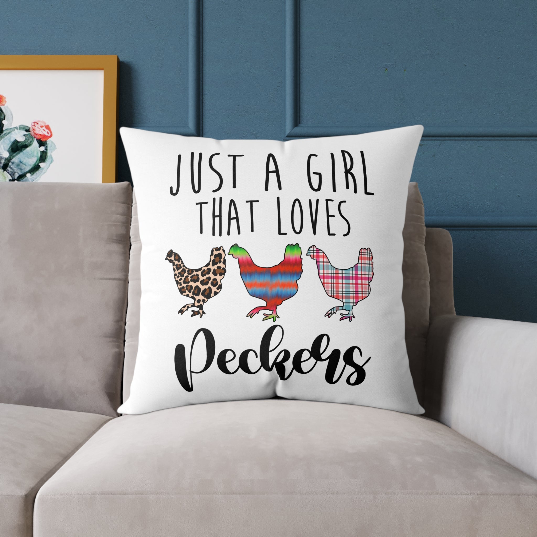 “Just a Girl That Loves Peckers” Throw Pillow – Funny Chicken Farmhouse Decor Cushion, Cute Homestead Accent Pillow