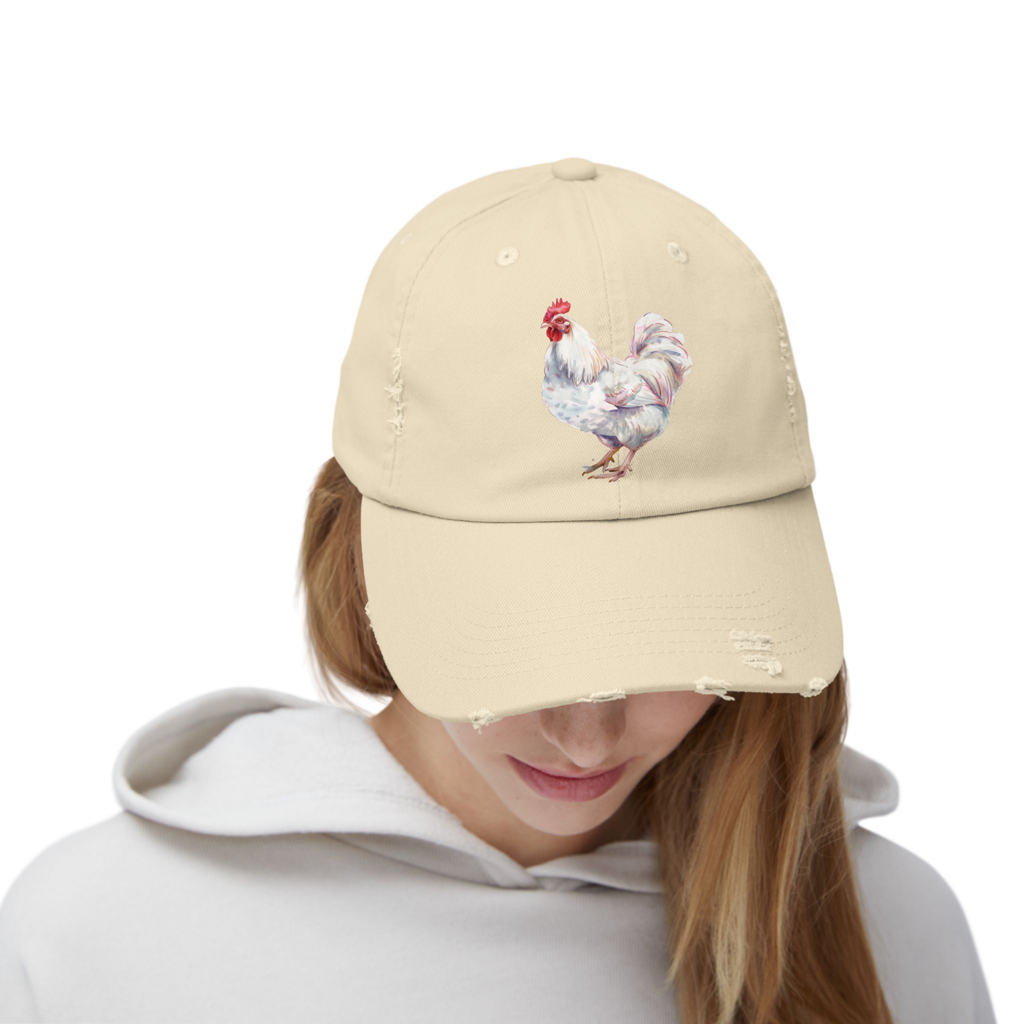 White Rooster Distressed Baseball Cap – Vintage Chicken Hat, Leghorn-Style Rooster, Farmhouse Poultry Cap, Backyard Chicken Keeper Gift
