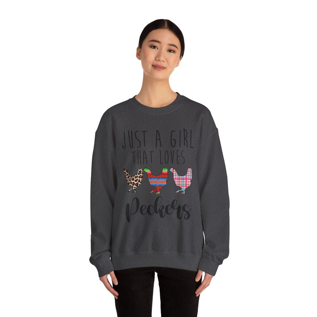 Just a Girl That Loves Peckers Sweatshirt – Funny Chicken Crewneck, Farmhouse Homestead Chicken Mom Pullover