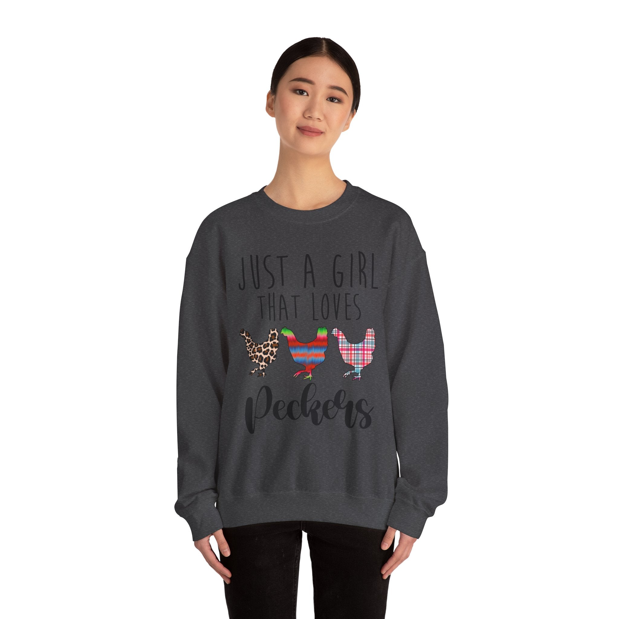 Just a Girl That Loves Peckers Sweatshirt – Funny Chicken Crewneck, Farmhouse Homestead Chicken Mom Pullover