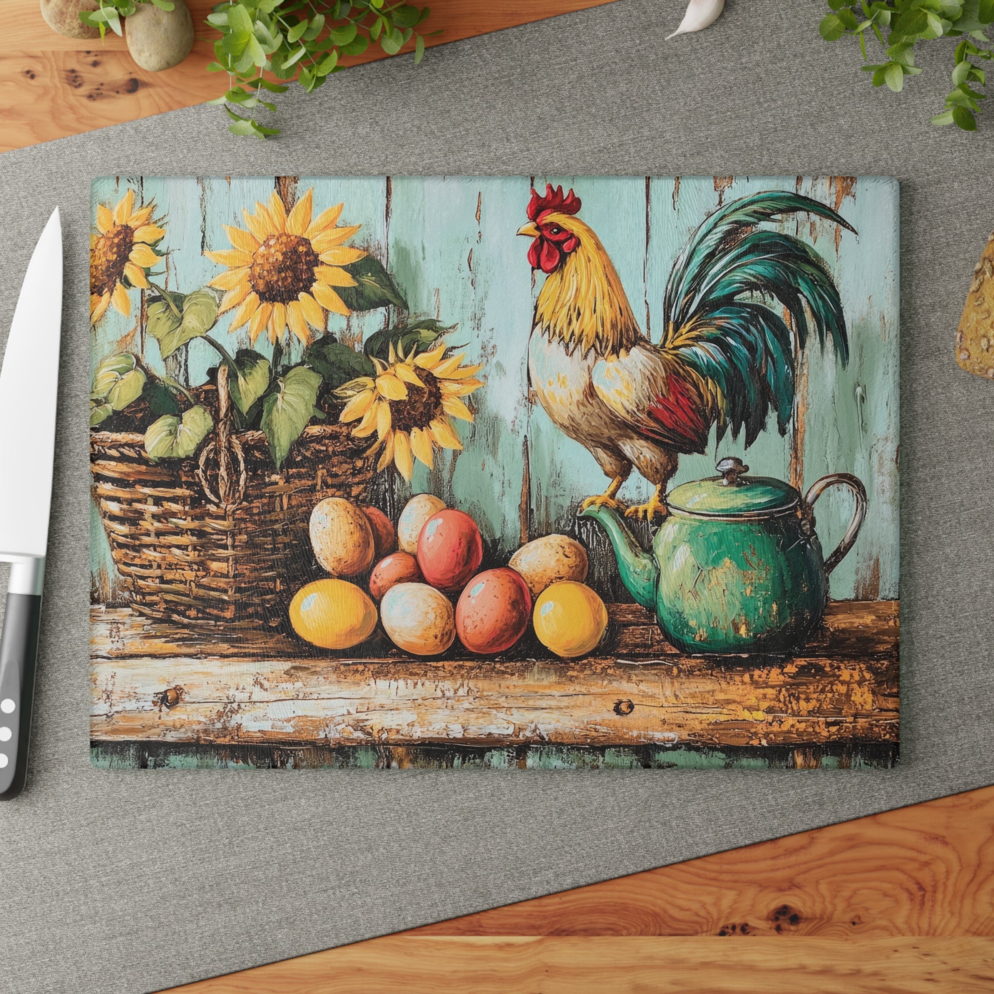 Farmhouse Rooster Glass Cutting Board | Rustic Chicken Kitchen Decor | Sunflower & Egg Tempered Glass Cutting Board | Gumpert Homestead