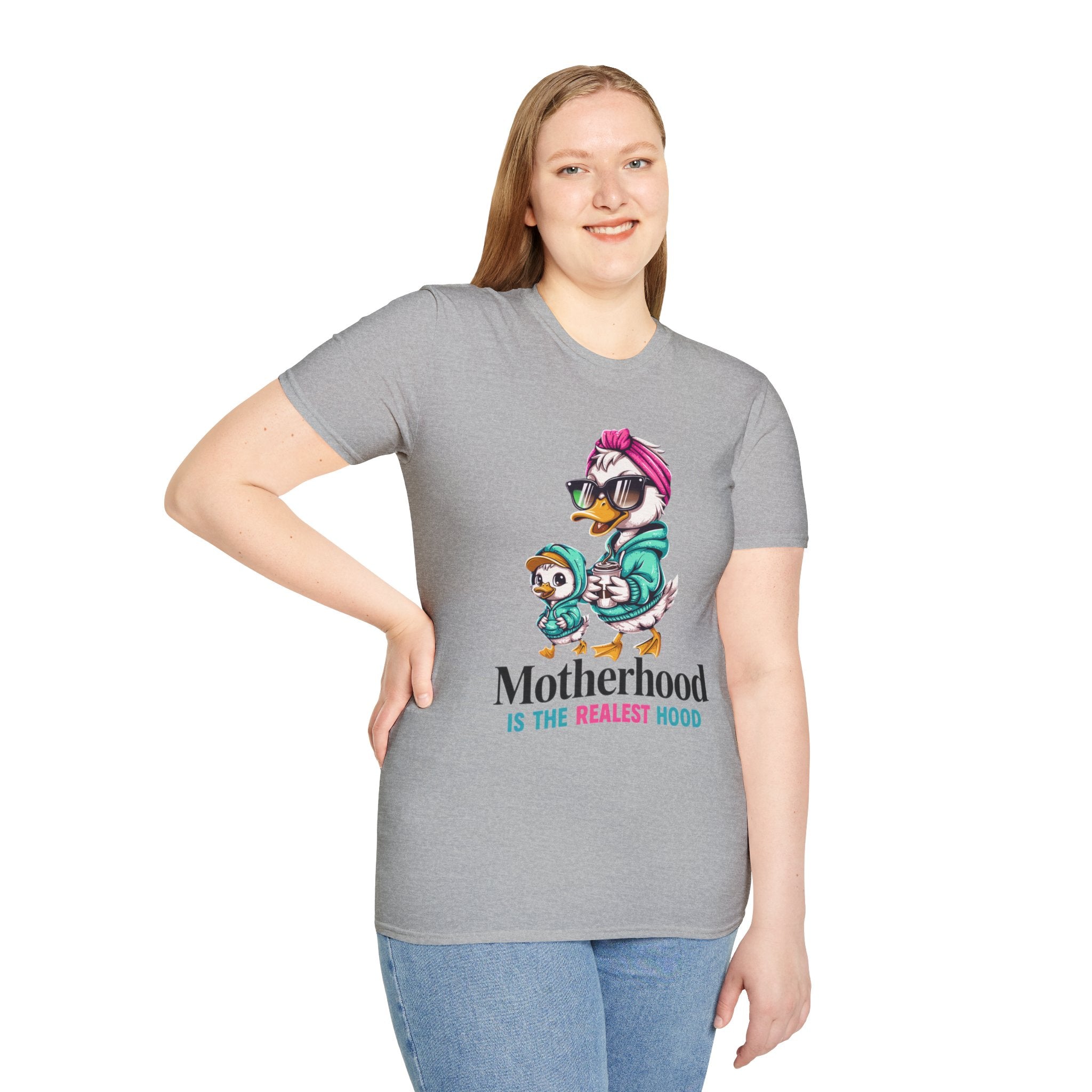 Motherhood Is the Realest Hood Cute Duck Mom Unisex T-Shirt | Funny Farm Mom Graphic Tee