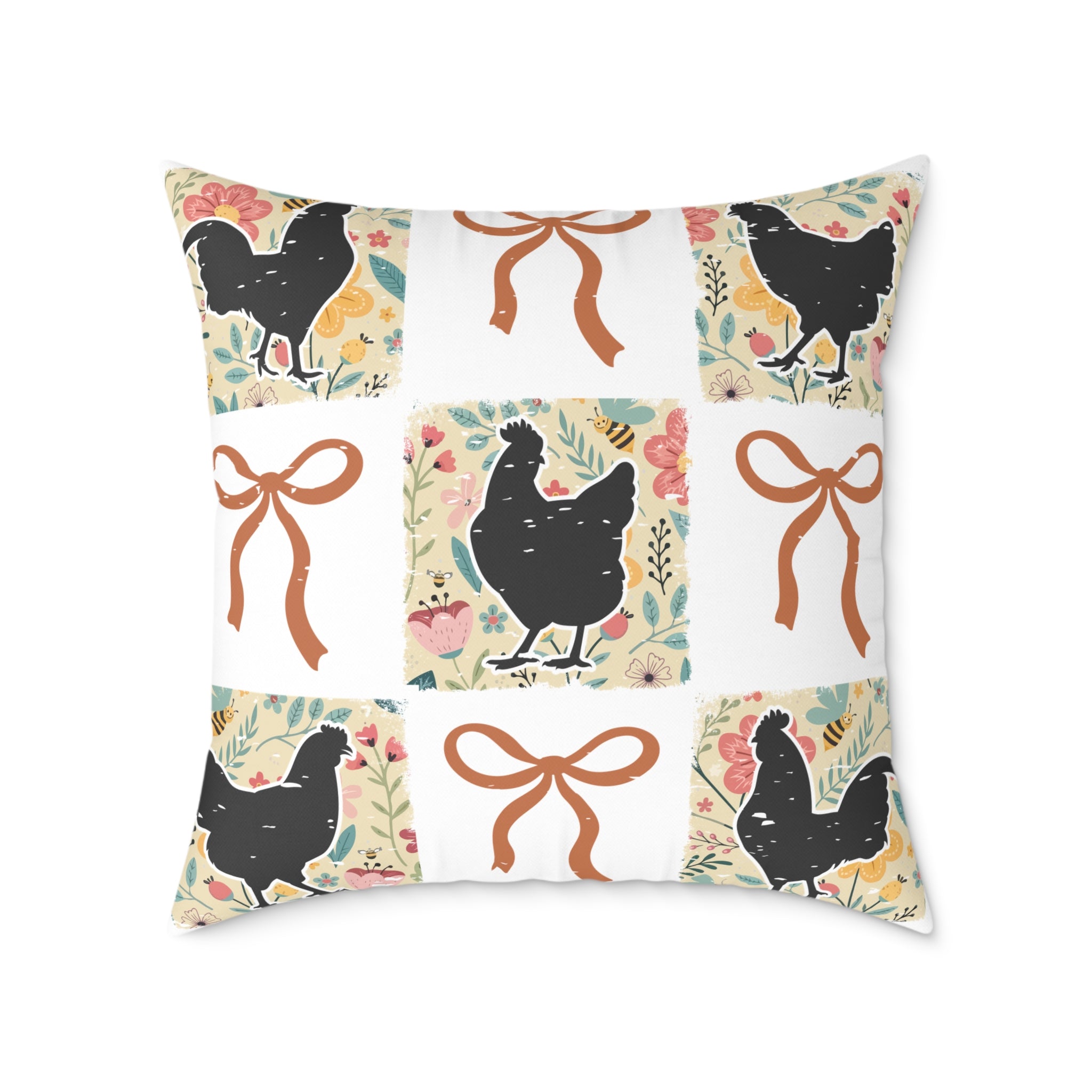 Cottagecore Chicken Patchwork Throw Pillow – Farmhouse Chicken & Bow Decor Cushion, Cozy Country Homestead Accent Pillow