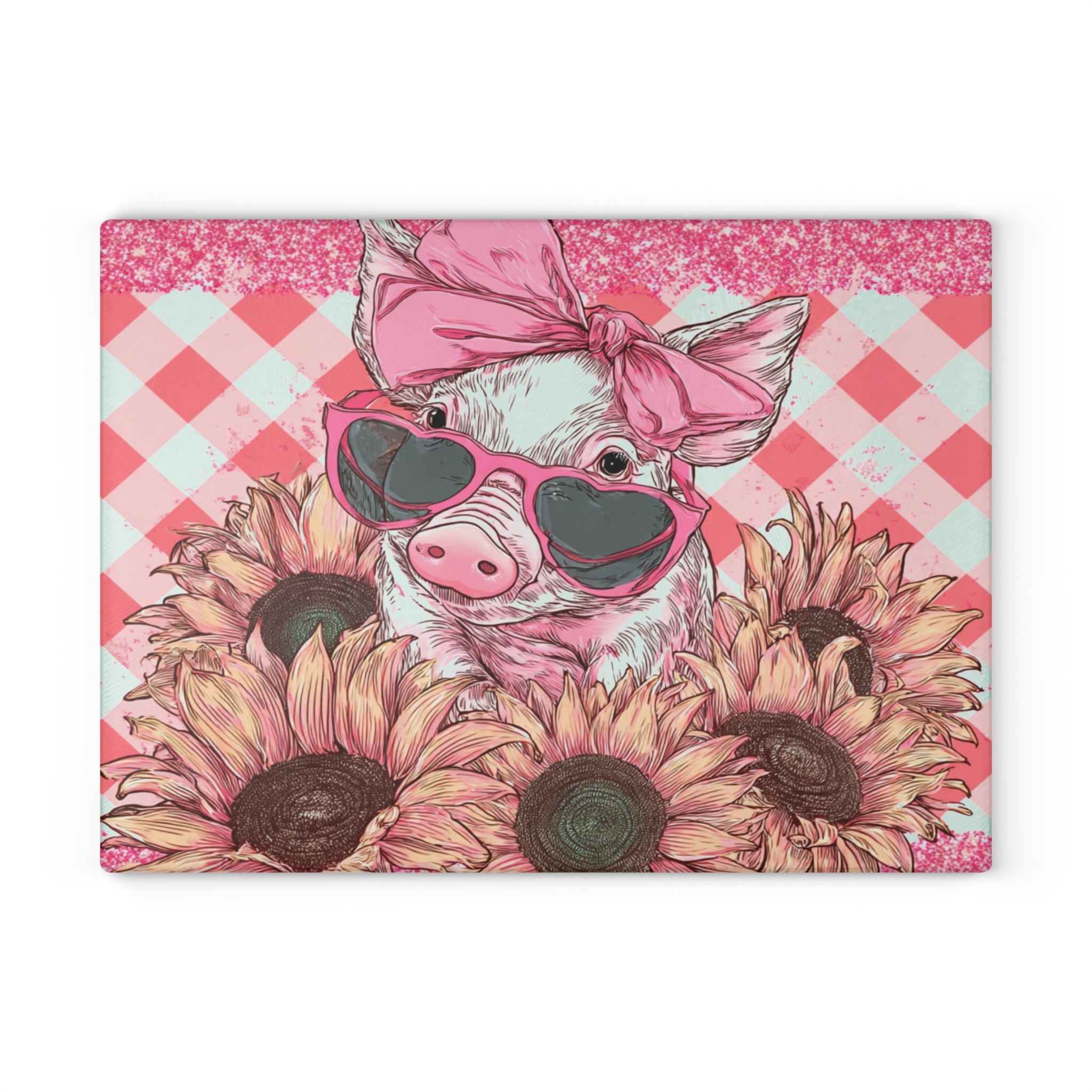 Pink Floral Pig Glass Cutting Board – Cute Farm Pig Kitchen Decor, Sunflower Pig Cutting Board, Farmhouse Country Kitchen Gift