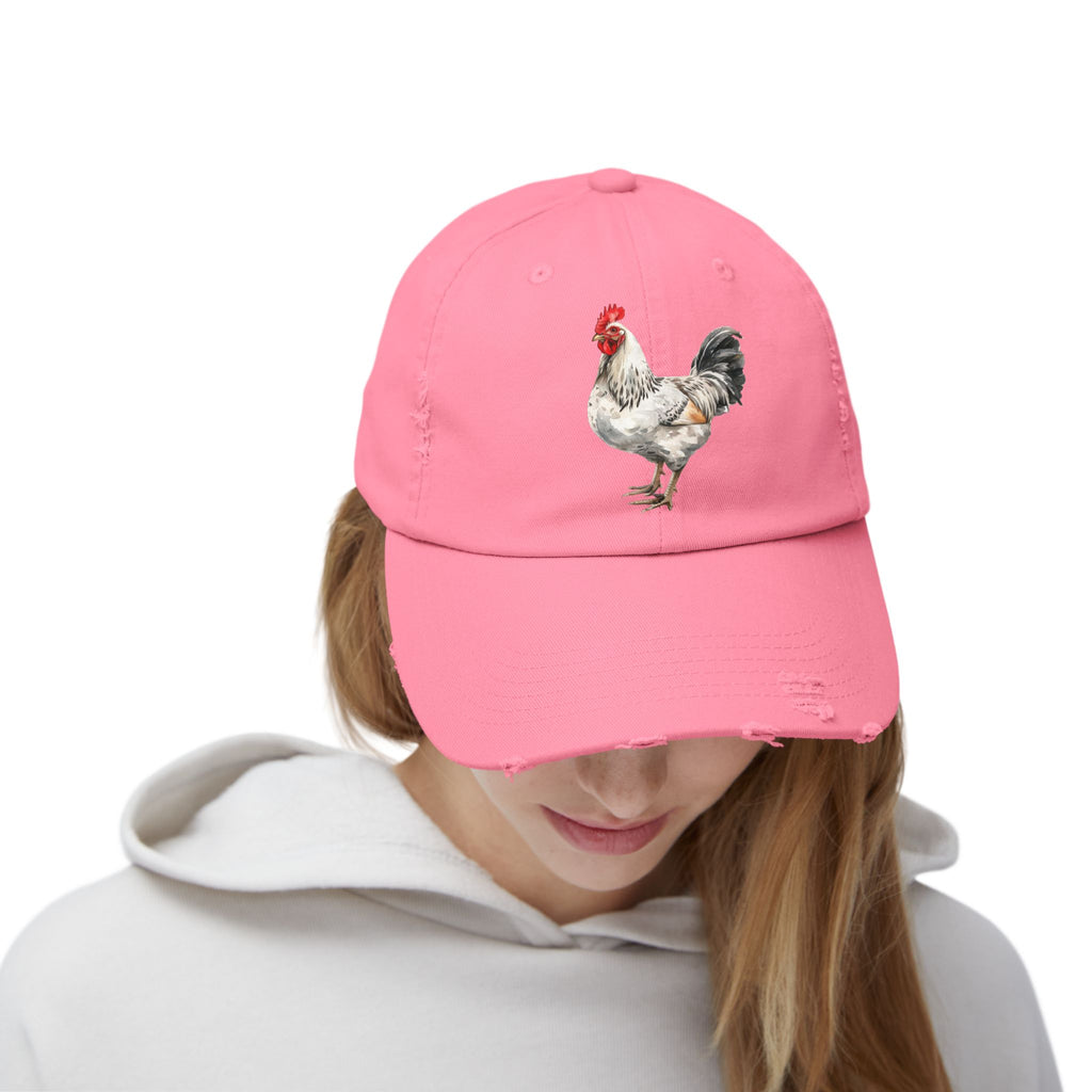 Speckled White Rooster Distressed Baseball Cap – Light Sussex Style Chicken Hat, Vintage Farm Rooster Cap, Backyard Chicken Keeper Gift