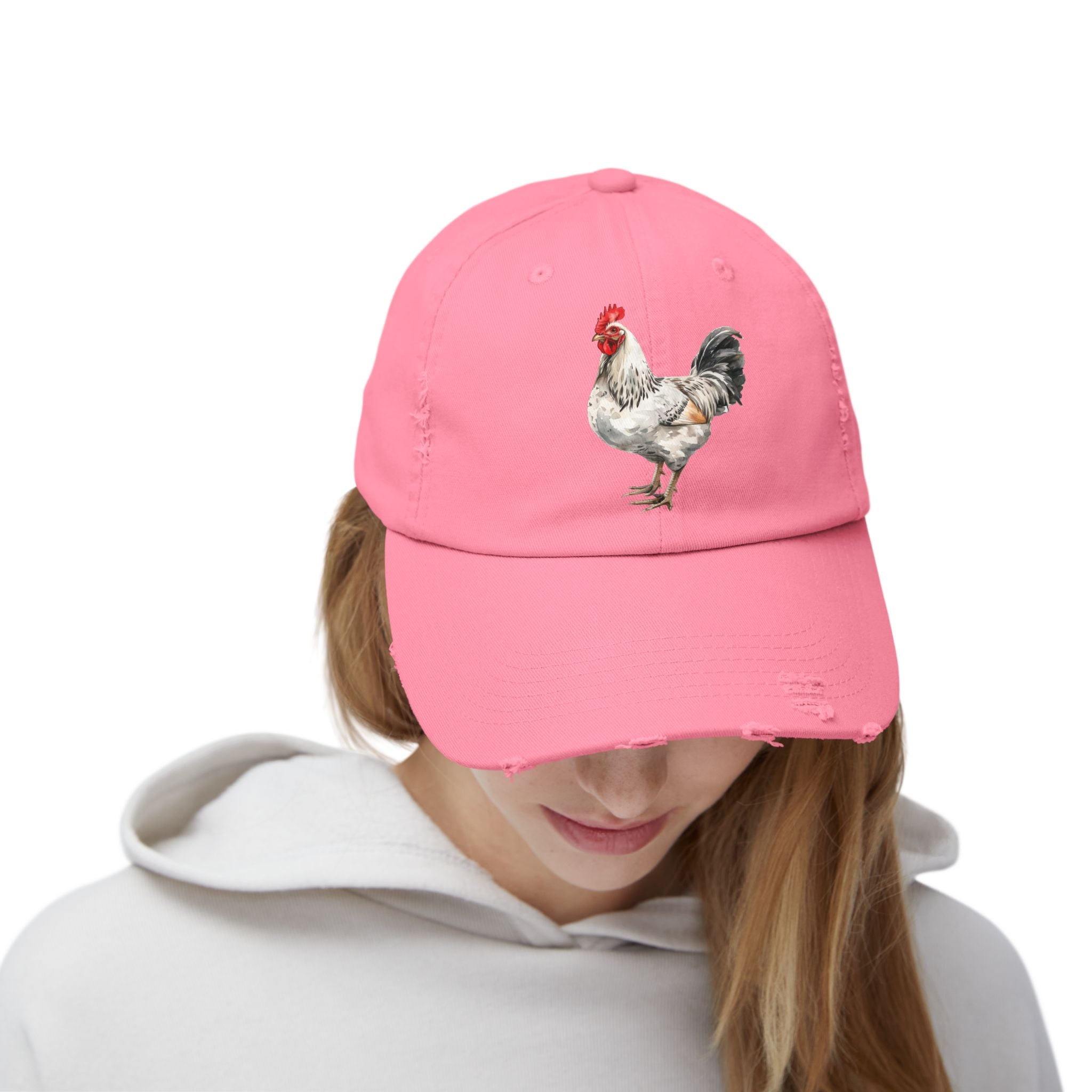 Speckled White Rooster Distressed Baseball Cap – Light Sussex Style Chicken Hat, Vintage Farm Rooster Cap, Backyard Chicken Keeper Gift