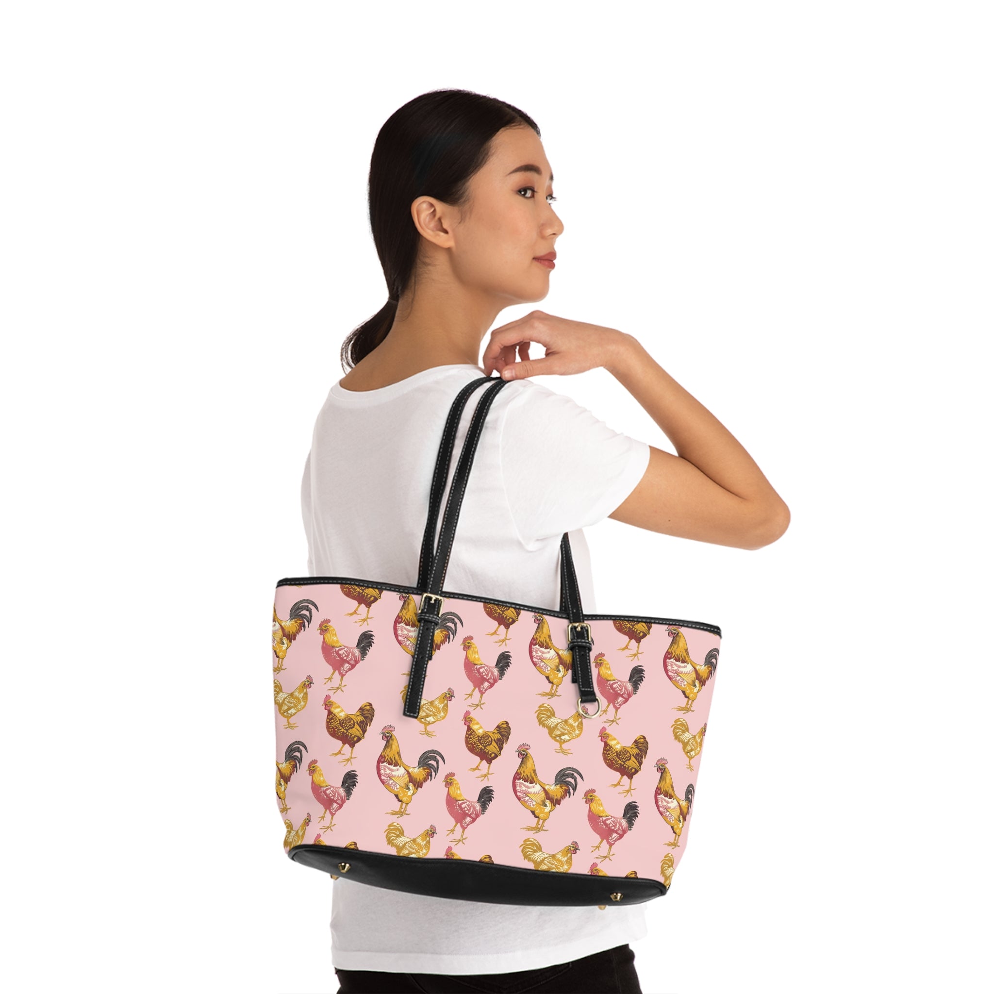 Pink & Gold Chicken Print PU Leather Shoulder Bag – Farmhouse Chicken Tote, Cute Hen Pattern Purse, Farm Life Handbag, Backyard Chicken Lover Bag