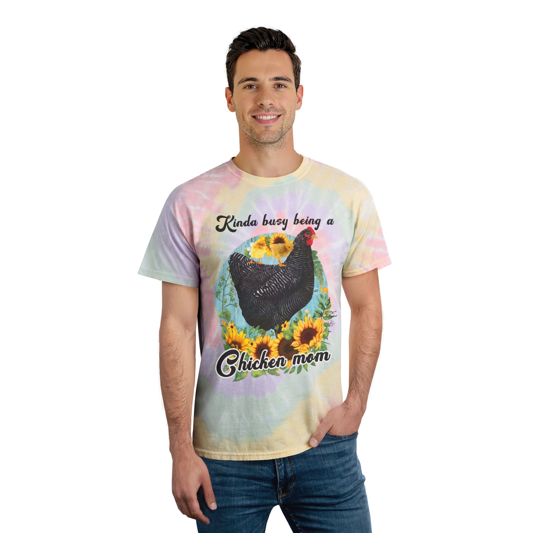 Kinda Busy Being a Chicken Mom Tie-Dye T-Shirt – Funny Chicken Mama Tee, Sunflower Farm Shirt, Backyard Chicken Lover Apparel