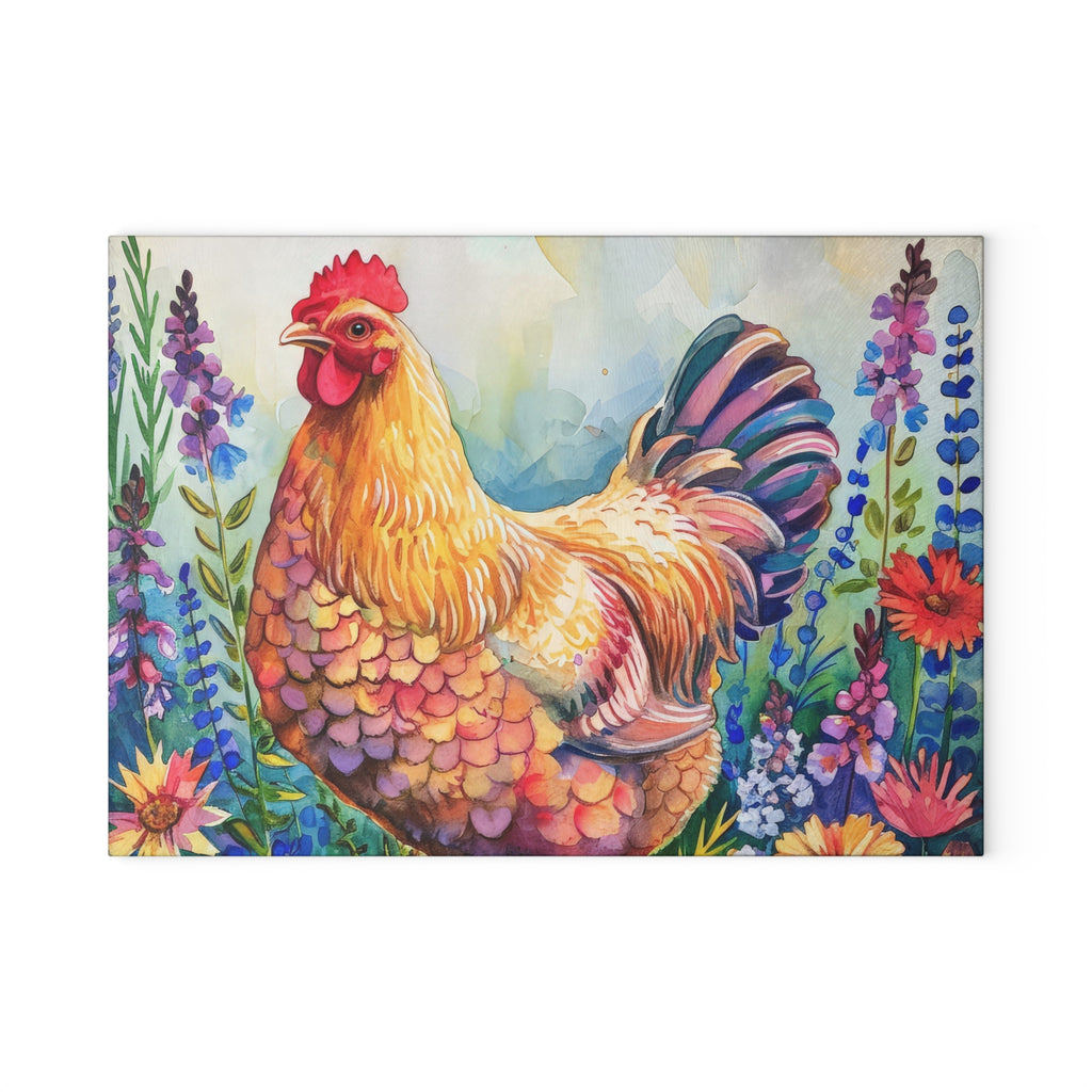 Watercolor Floral Chicken Cutting Board – Farmhouse Glass Kitchen Board for Chicken Lovers