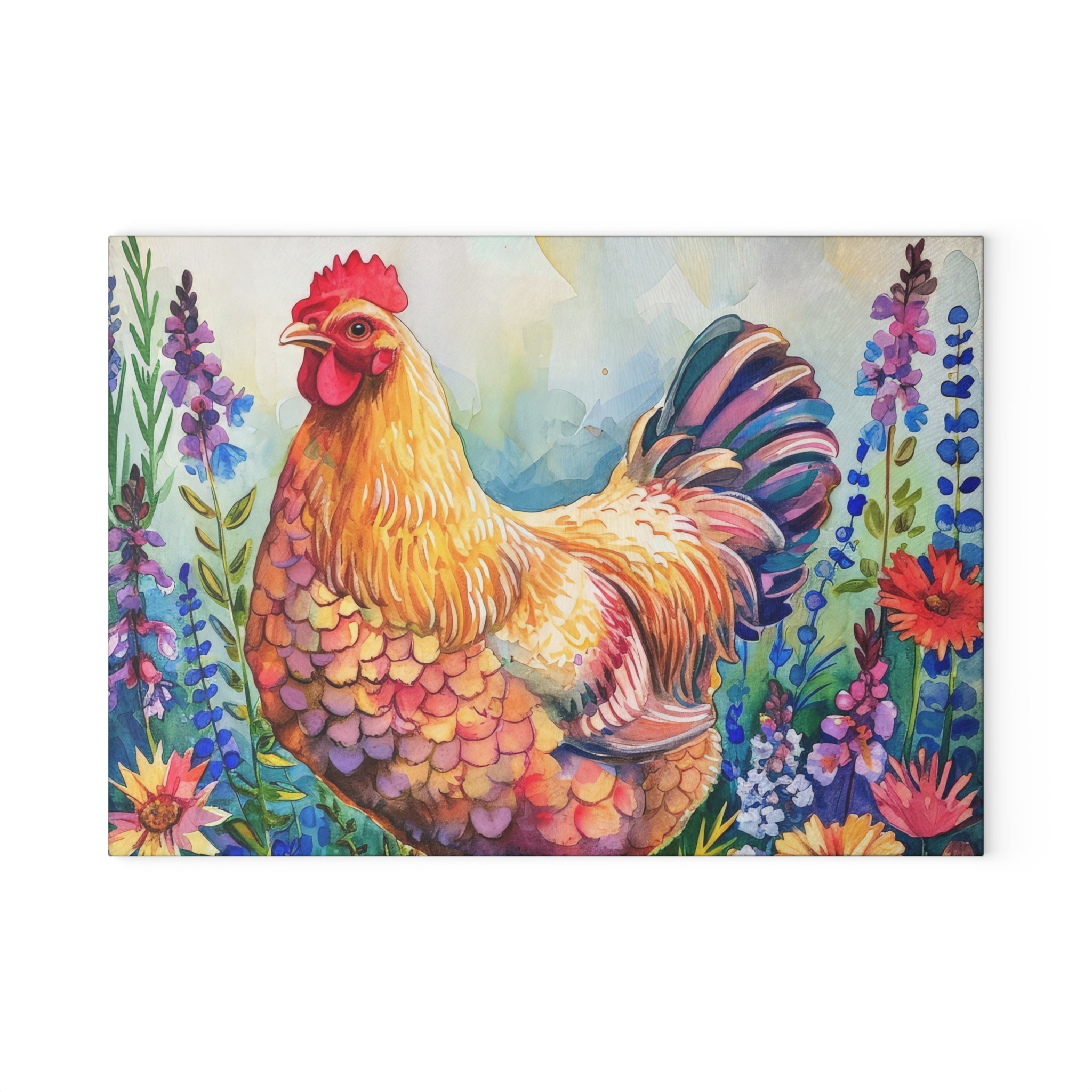 Watercolor Floral Chicken Cutting Board – Farmhouse Glass Kitchen Board for Chicken Lovers
