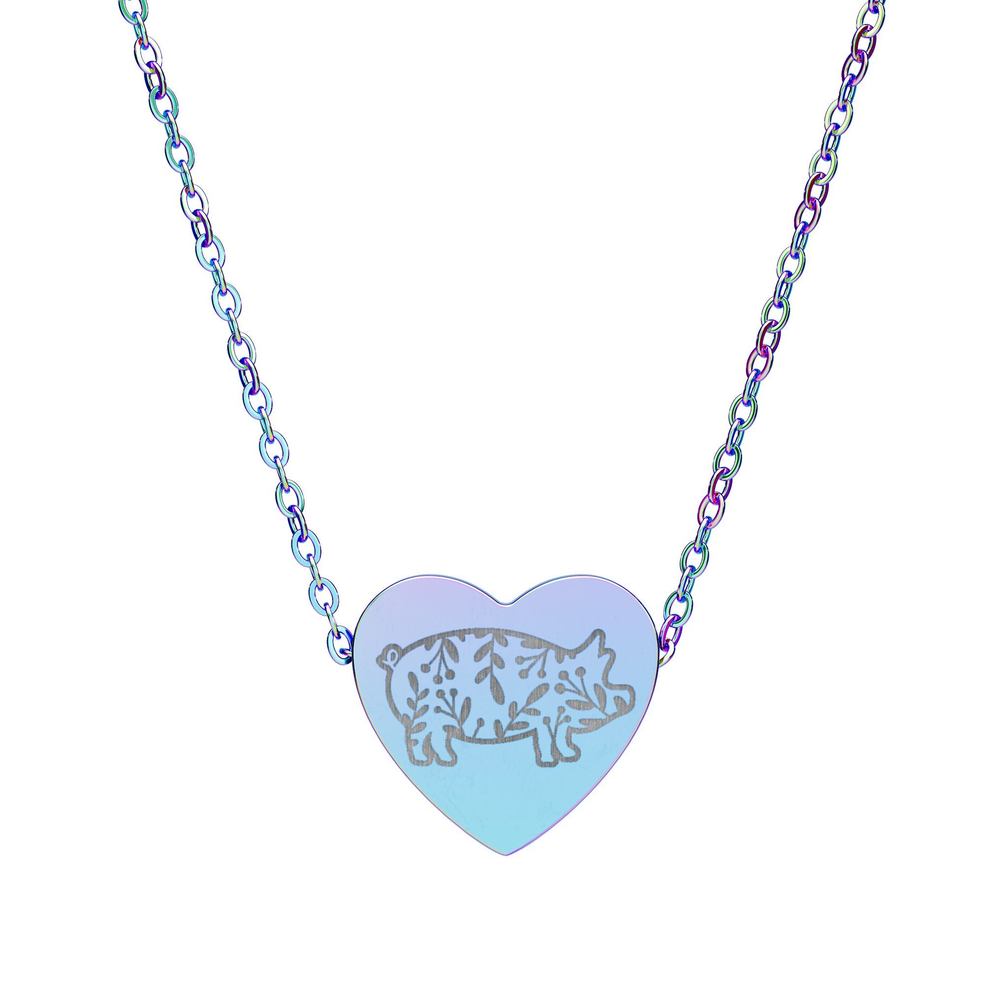 Floral Pig Heart Necklace – Farm Pig Jewelry, Pig Lover Gift, Homestead Necklace, Mini Pig Pendant, Farm Animal Jewelry, Stainless Steel Engraved Heart Necklace