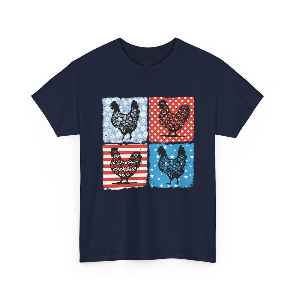 Patchwork Chicken Farm T-Shirt | Farmhouse Hen Graphic Tee | Patriotic Chicken Shirt | Country Homestead Apparel | Backyard Chicken Lover Gift