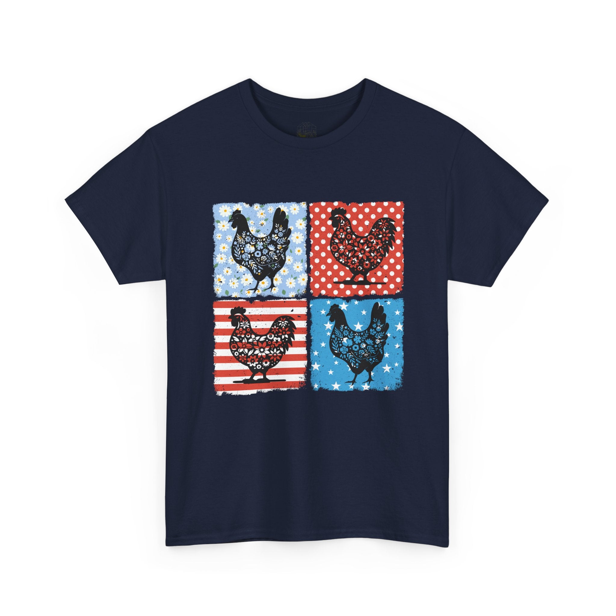 Patchwork Chicken Farm T-Shirt | Farmhouse Hen Graphic Tee | Patriotic Chicken Shirt | Country Homestead Apparel | Backyard Chicken Lover Gift