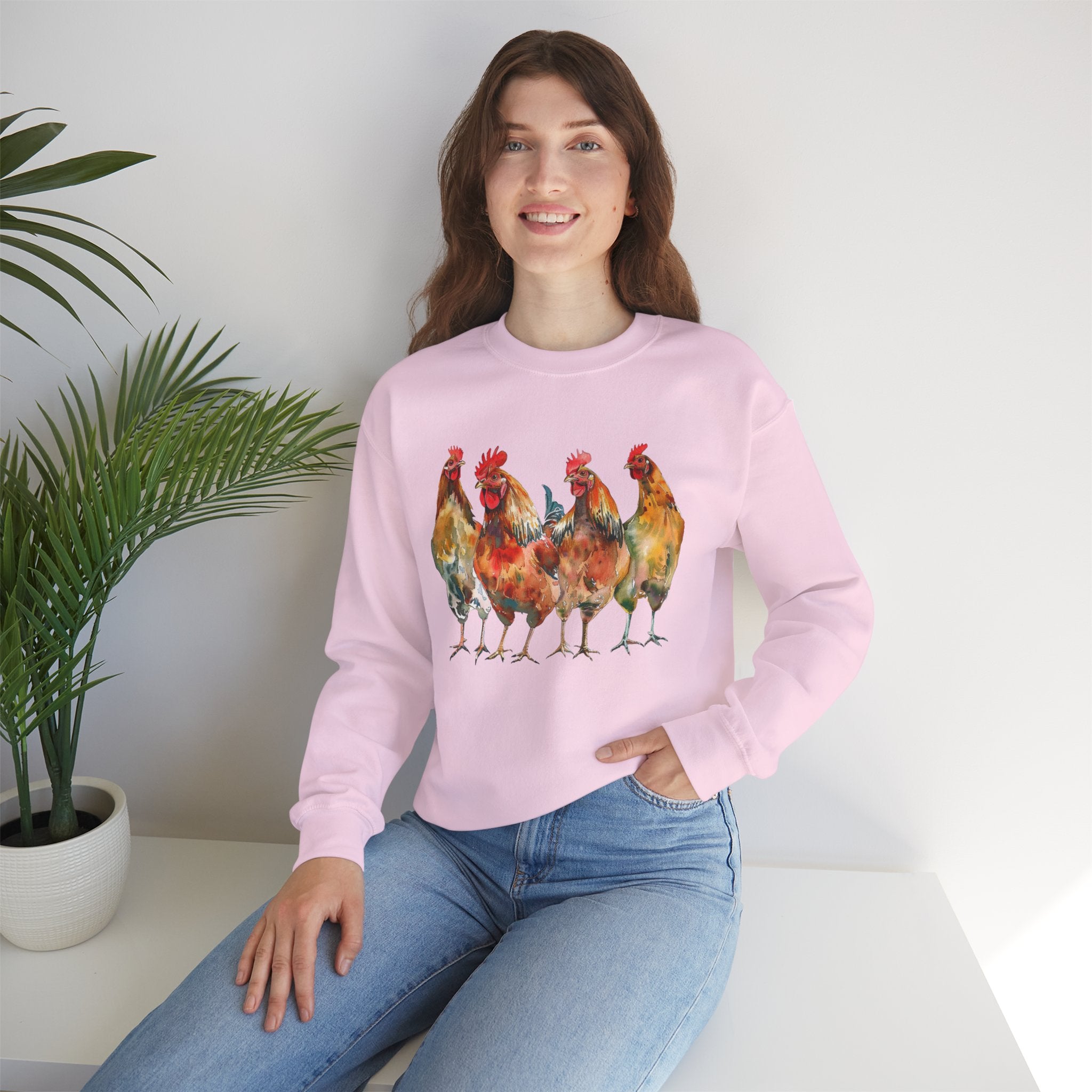 Chicken Flock Sweatshirt – Farmhouse Hen Lineup Crewneck, Cozy Homestead Chicken Mom Pullover, Unisex Gildan 18000