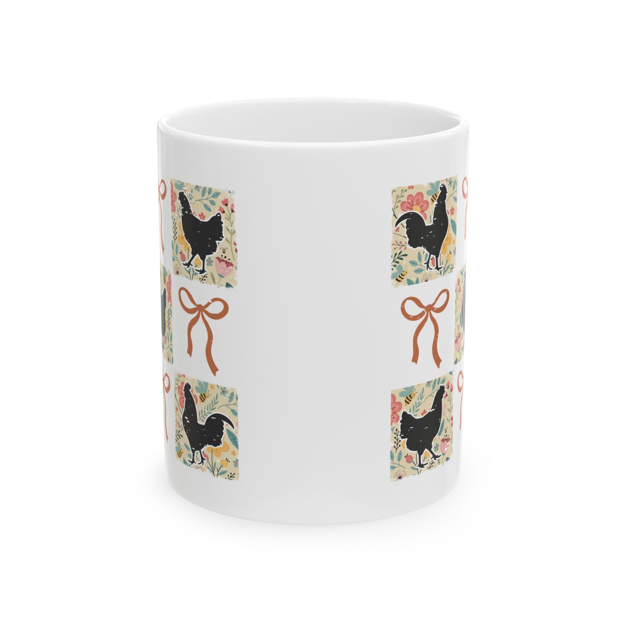 Patchwork Chicken Ceramic Mug – Cottagecore Farmhouse Chicken Coffee Cup, Chicken Mom Mug (11oz, 15oz)