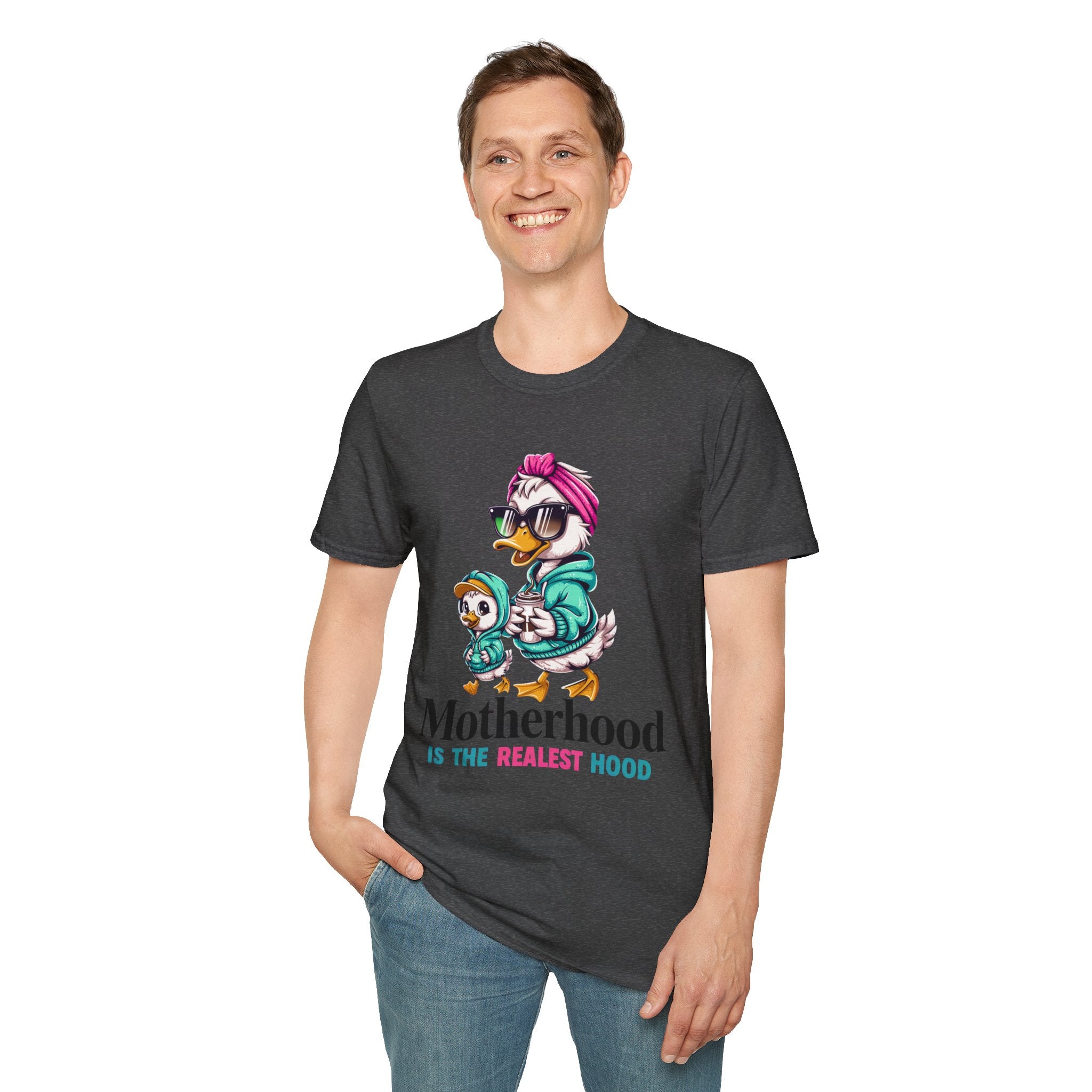 Motherhood Is the Realest Hood Cute Duck Mom Unisex T-Shirt | Funny Farm Mom Graphic Tee
