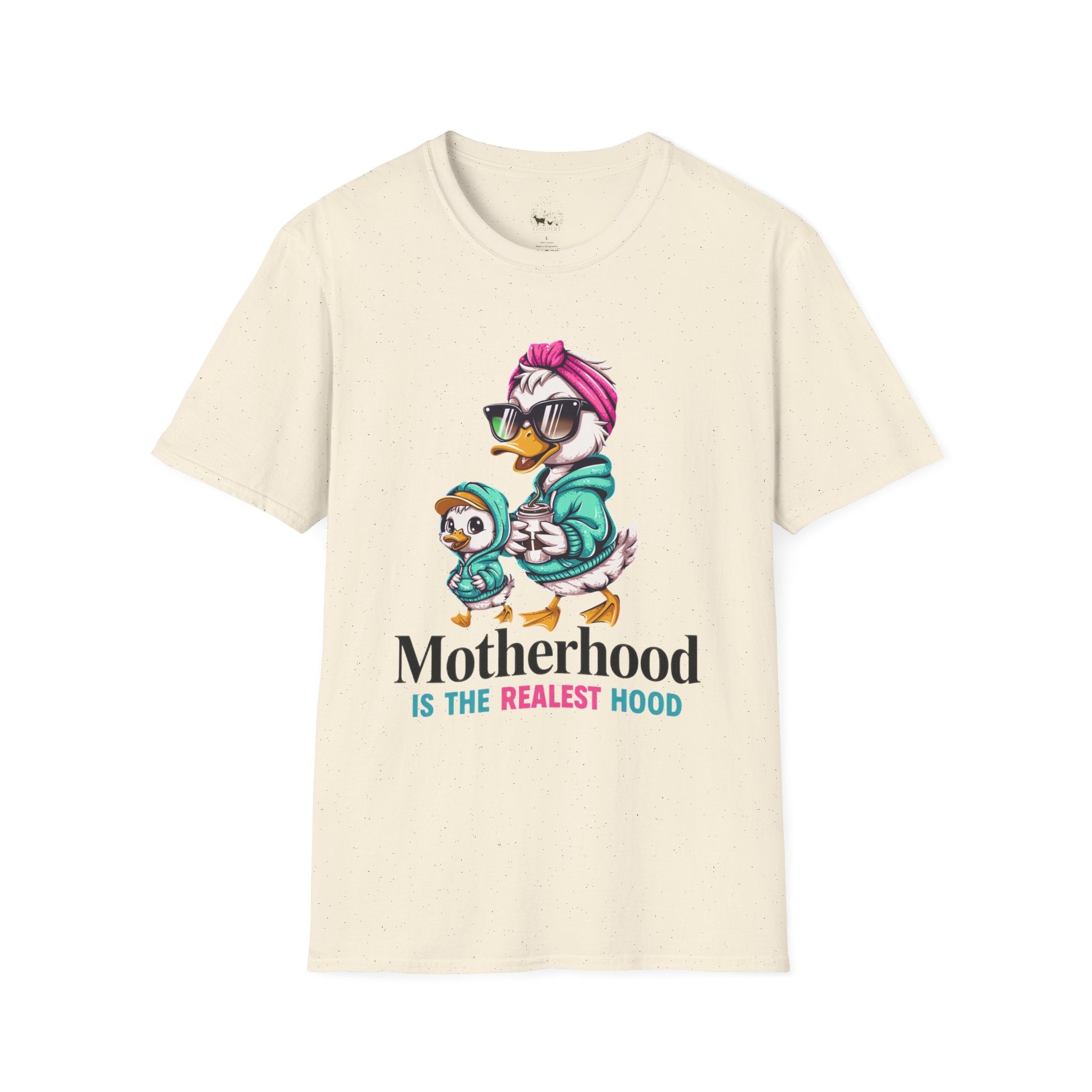 Motherhood Is the Realest Hood Cute Duck Mom Unisex T-Shirt | Funny Farm Mom Graphic Tee