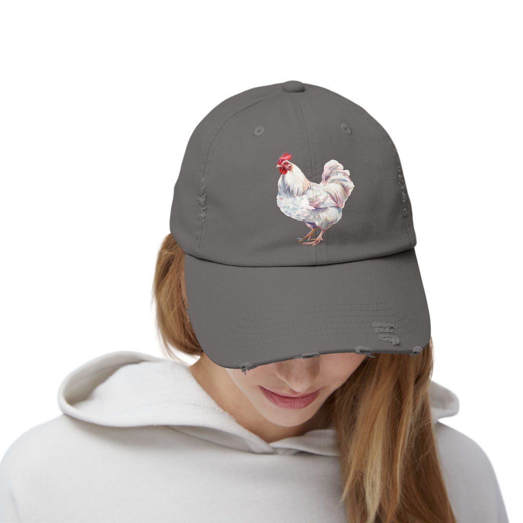 White Rooster Distressed Baseball Cap – Vintage Chicken Hat, Leghorn-Style Rooster, Farmhouse Poultry Cap, Backyard Chicken Keeper Gift