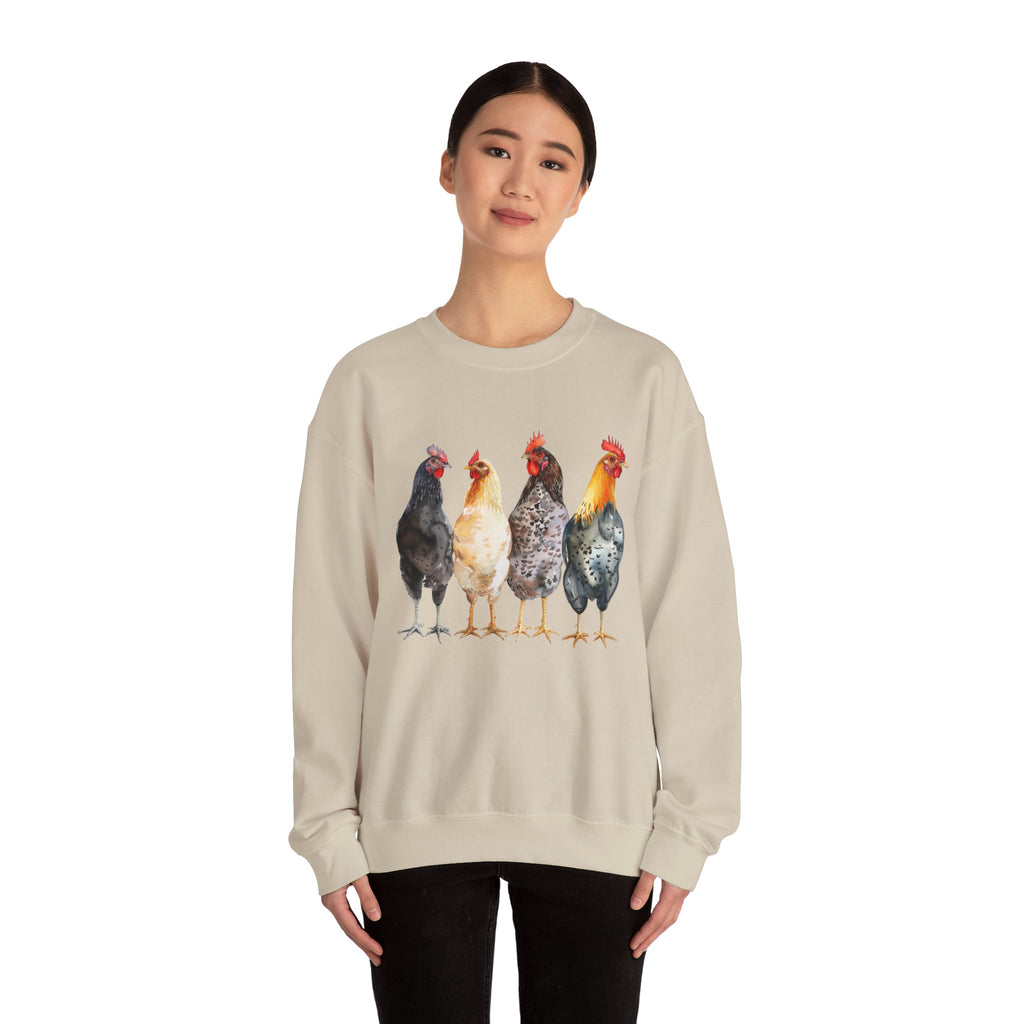 Chicken Flock Sweatshirt – Farmhouse Hen Lineup Crewneck, Cozy Homestead Chicken Mom Pullover, Unisex Gildan 18000