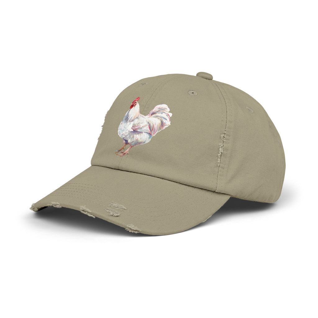 White Rooster Distressed Baseball Cap – Vintage Chicken Hat, Leghorn-Style Rooster, Farmhouse Poultry Cap, Backyard Chicken Keeper Gift