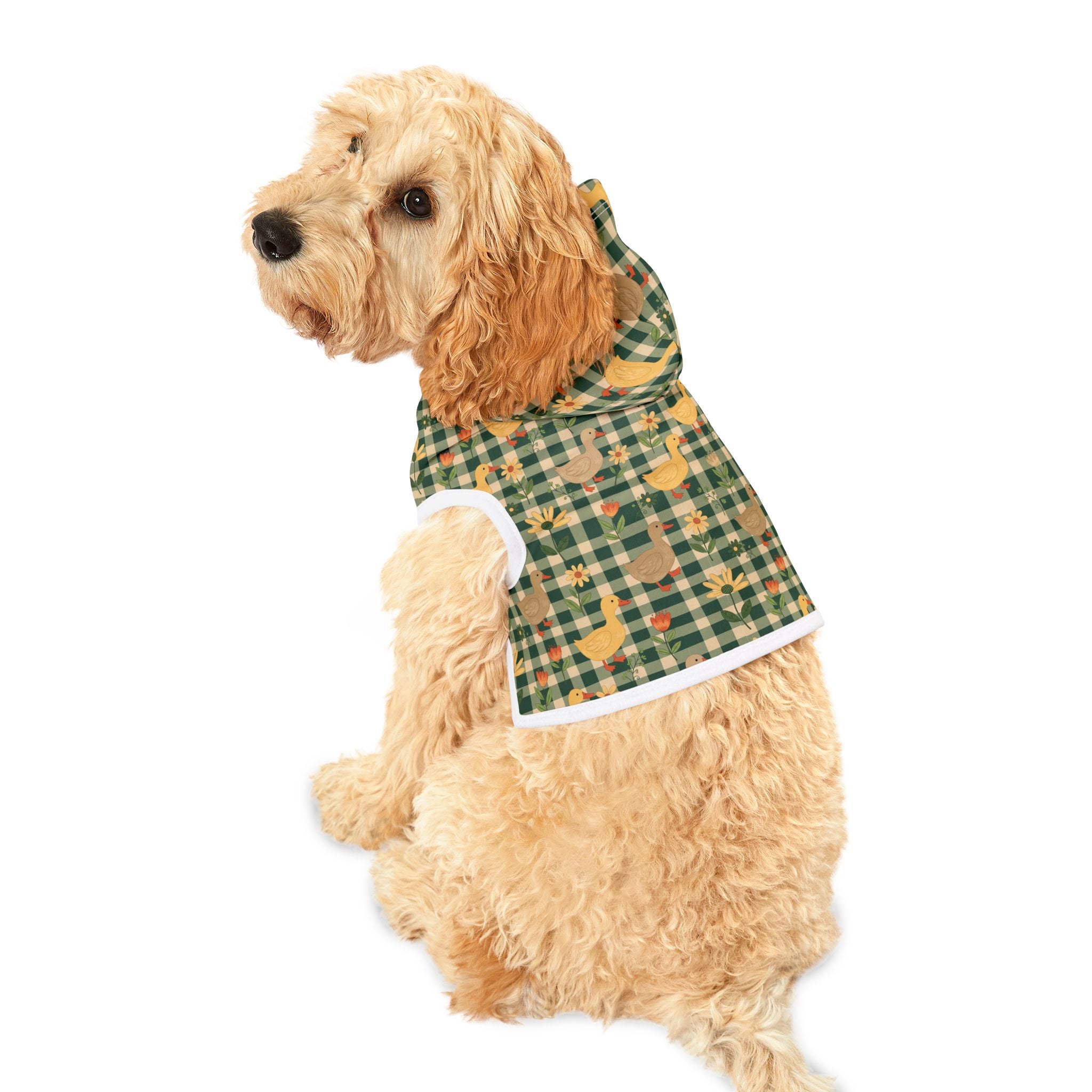 Farmhouse Duck Gingham Pet Hoodie | Cottagecore Goose Dog Hoodie | Country Farm Pet Sweater | Cozy Farm Animal Pet Apparel | Rustic Homestead Dog Hoodie | Small Dog Farm Outfit