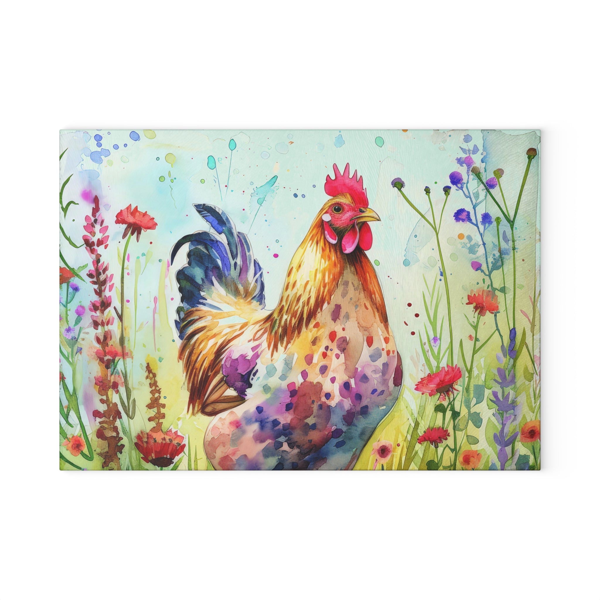Floral Chicken Glass Cutting Board – Farmhouse Kitchen Decor, Colorful Chicken Counter Protector, Homestead Gift