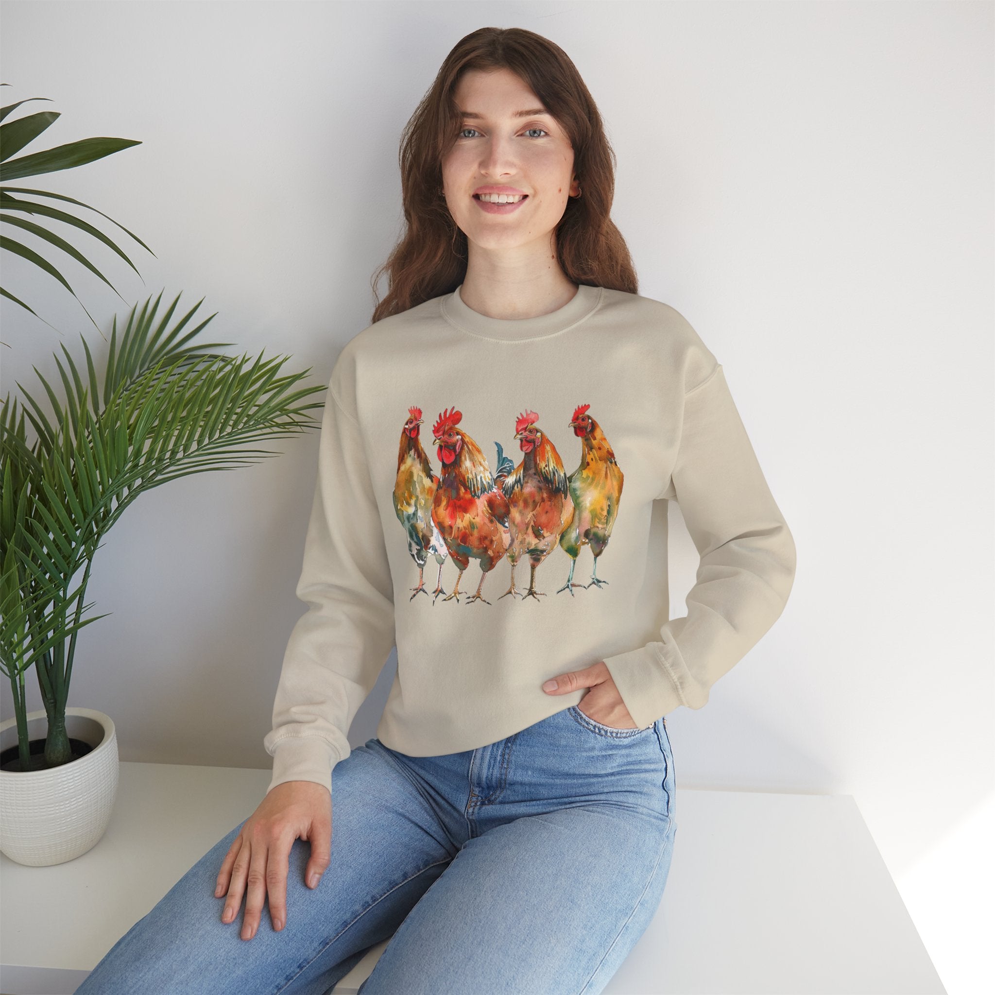 Chicken Flock Sweatshirt – Farmhouse Hen Lineup Crewneck, Cozy Homestead Chicken Mom Pullover, Unisex Gildan 18000