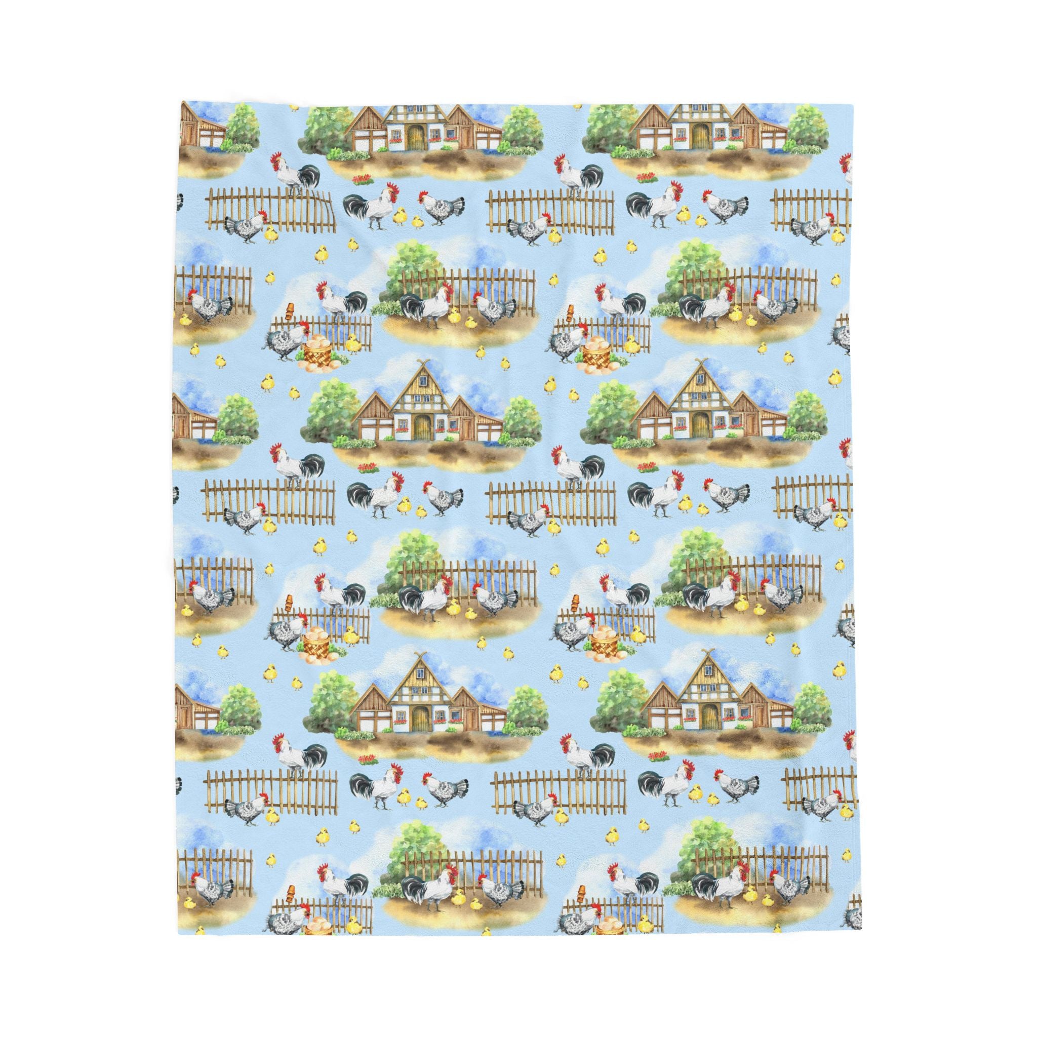 Farm Scene Velveteen Plush Blanket – Cozy Cottagecore Village Throw, Country Homestead Farmhouse Home Decor