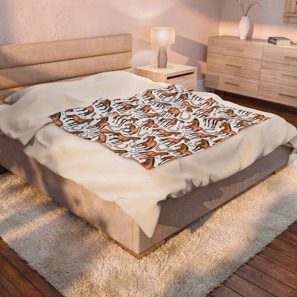 Western Horse Plush Blanket | Horse & Horseshoe Throw | Farmhouse Western Decor | Cozy Ranch Style Blanket | Horse Lover Gift | Gumpert Homestead