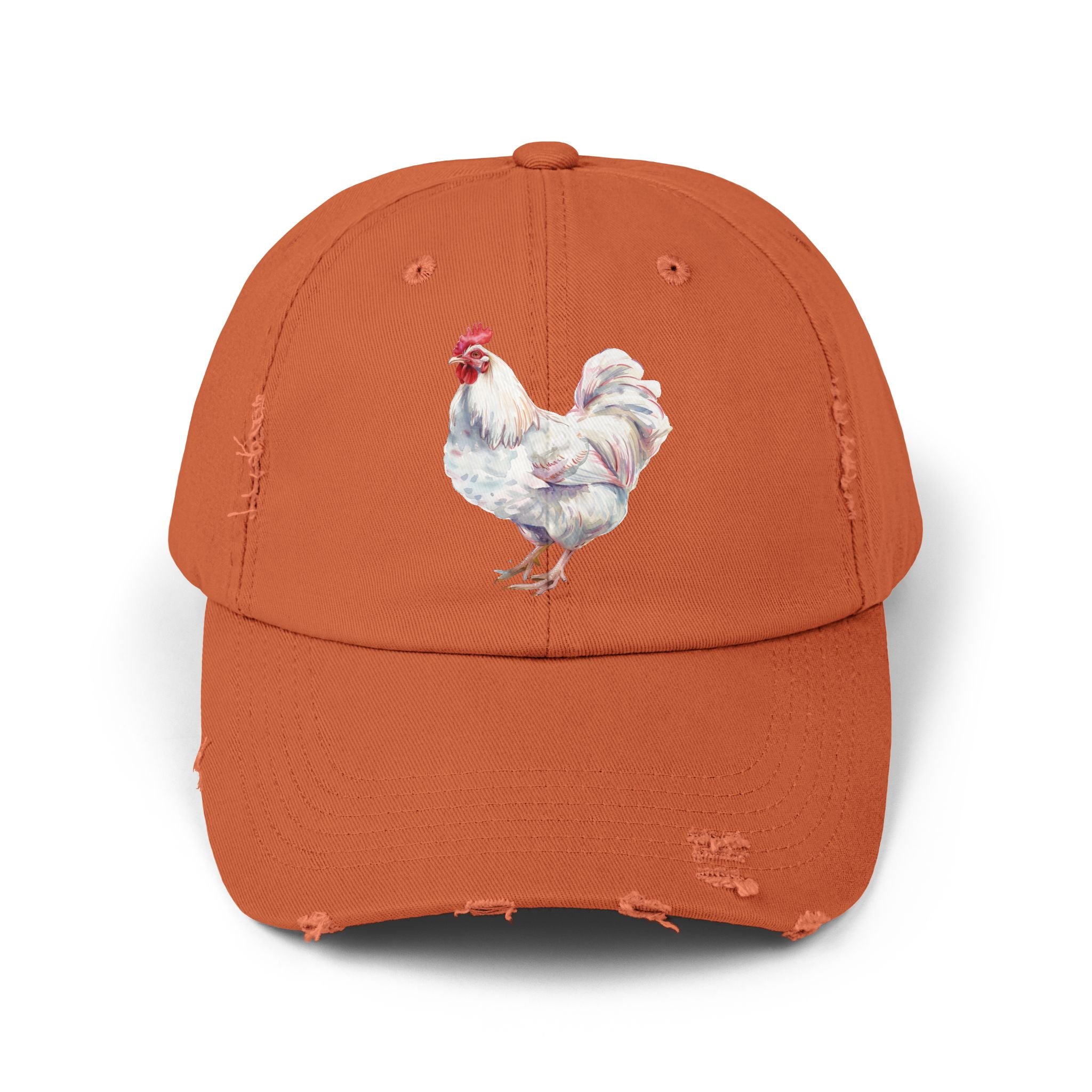 White Rooster Distressed Baseball Cap – Vintage Chicken Hat, Leghorn-Style Rooster, Farmhouse Poultry Cap, Backyard Chicken Keeper Gift