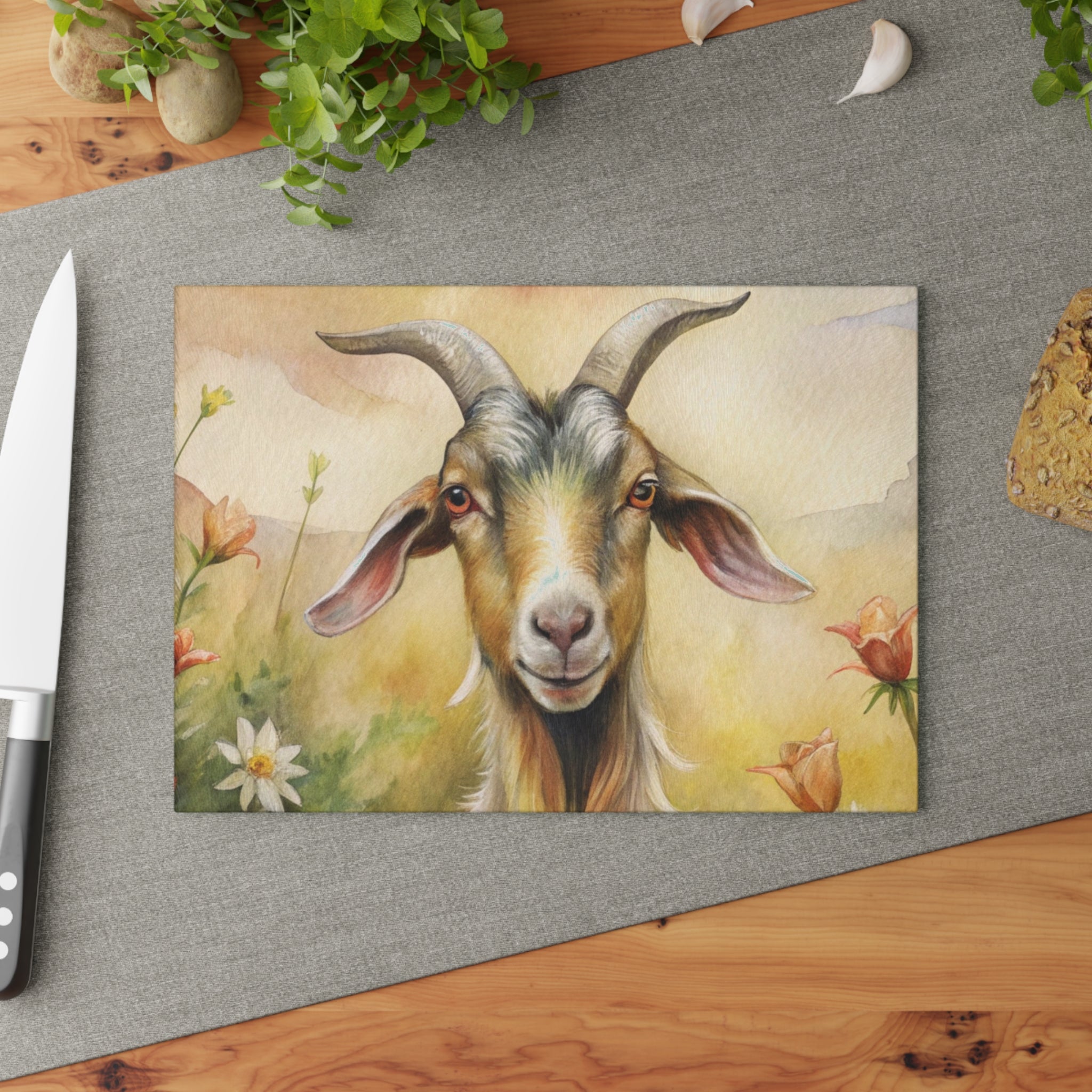 Farmhouse Goat Glass Cutting Board | Rustic Goat Kitchen Decor | Watercolor Farm Animal Tempered Glass Cutting Board | Gumpert Homestead