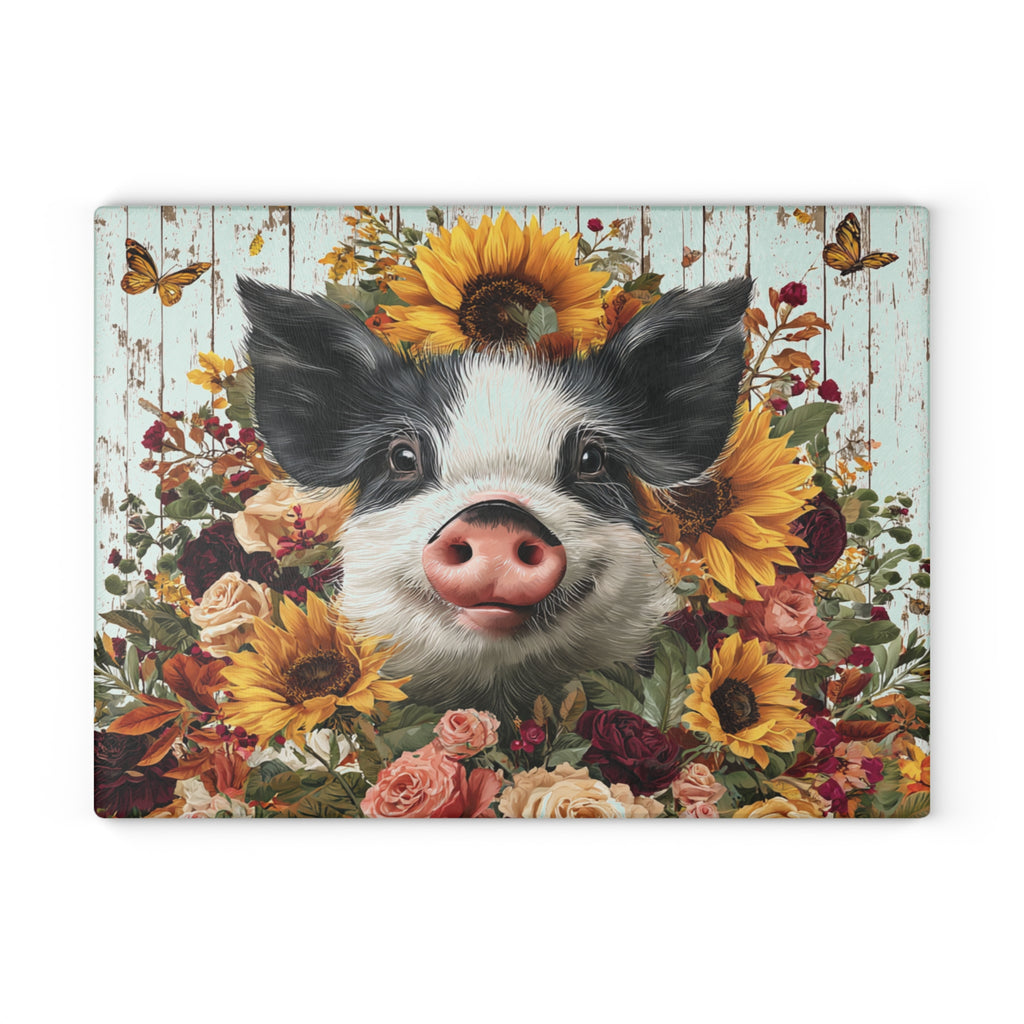 Sunflower Pig Glass Cutting Board – Rustic Farm Pig Kitchen Decor, Floral Farmhouse Cutting Board, Country Homestead Kitchen Gift