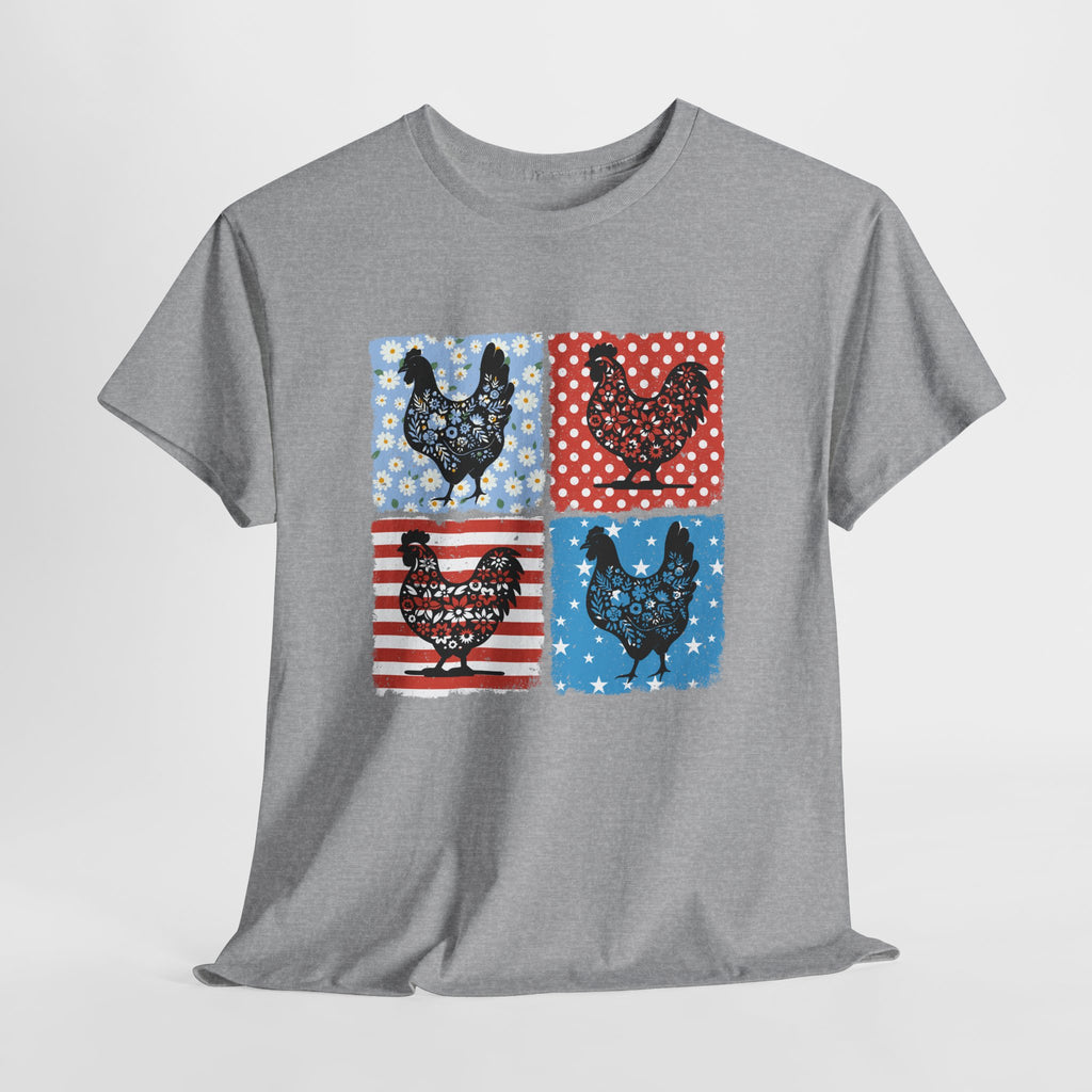 Patchwork Chicken Farm T-Shirt | Farmhouse Hen Graphic Tee | Patriotic Chicken Shirt | Country Homestead Apparel | Backyard Chicken Lover Gift