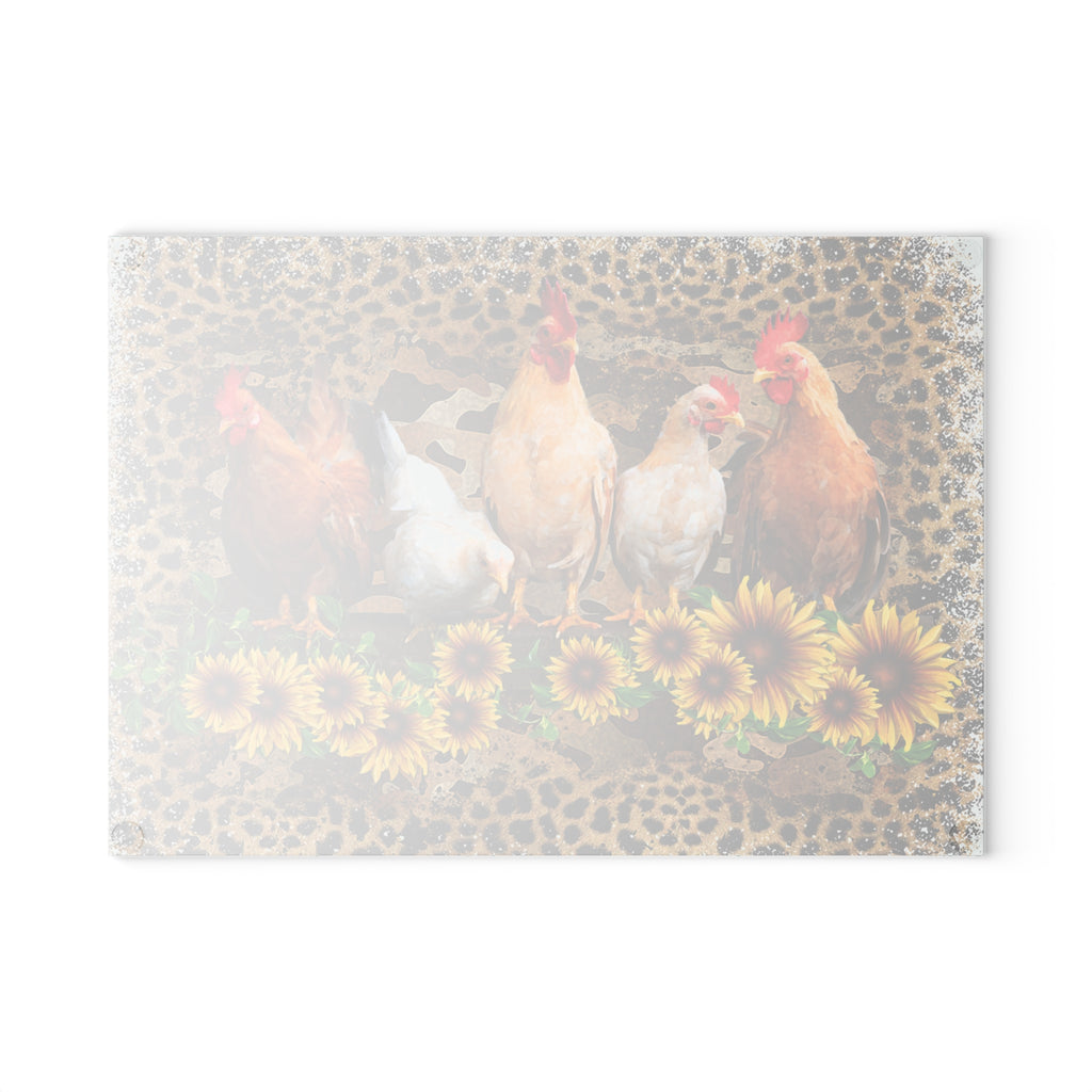 Chicken Flock Glass Cutting Board – Farmhouse Sunflower Chicken Kitchen Decor, Leopard Print Farm Cutting Board, Rustic Country Homestead Kitchen Gift