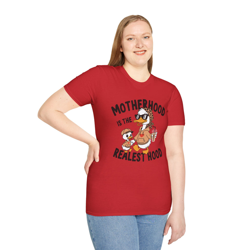 Motherhood Is the Realest Hood Funny Duck Mom Unisex T-Shirt | Farm Mom Graphic Tee